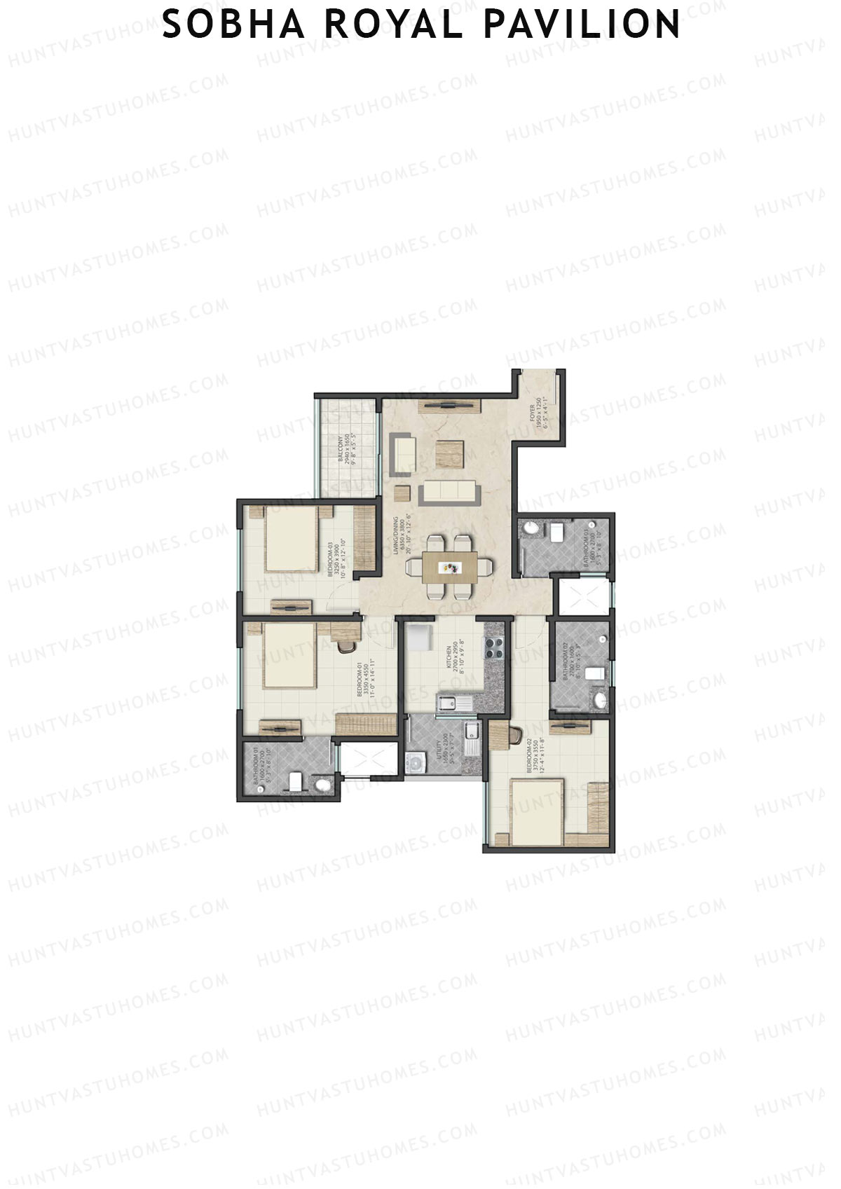 Sobha Royal Pavilion Wing 5 Unit 4 (Type B1) Floor Plan