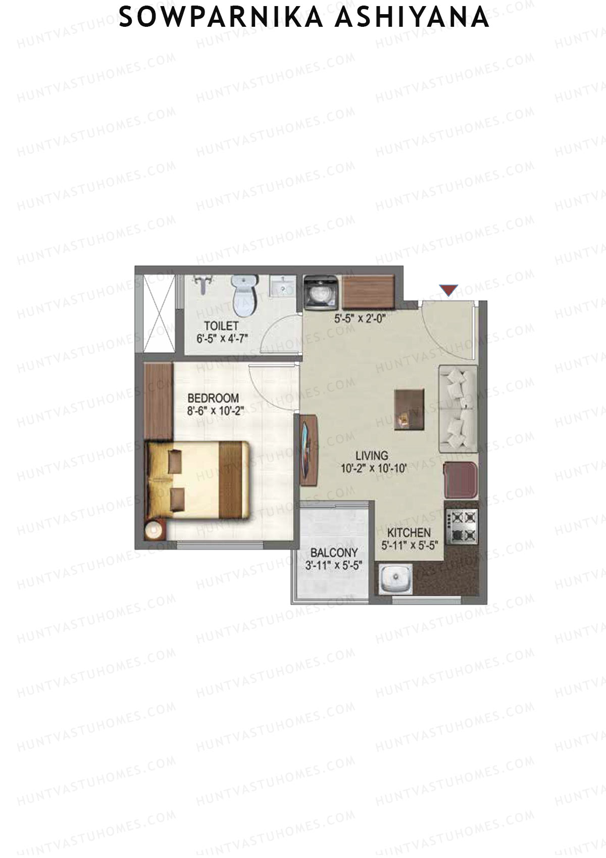 Sowparnika Ashiyana, Wing A, Unit 12, 1BHK, Super Area 457   sq ft 