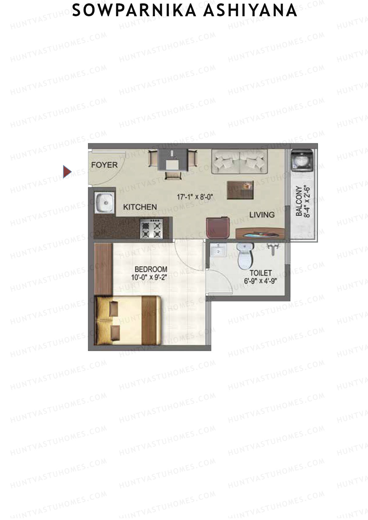 Sowparnika Ashiyana, Wing A, Unit 5, 1BHK, Super Area 444   sq ft 