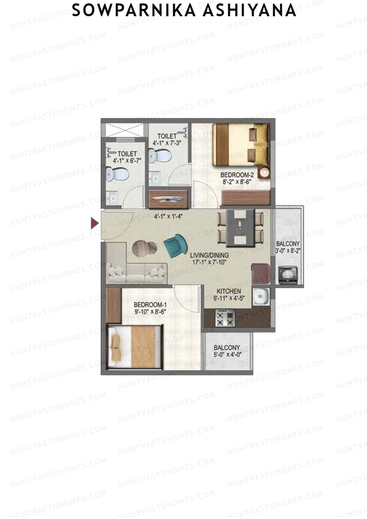 Sowparnika Ashiyana, Wing A, Unit 7, 2BHK, Super Area 676   sq ft 