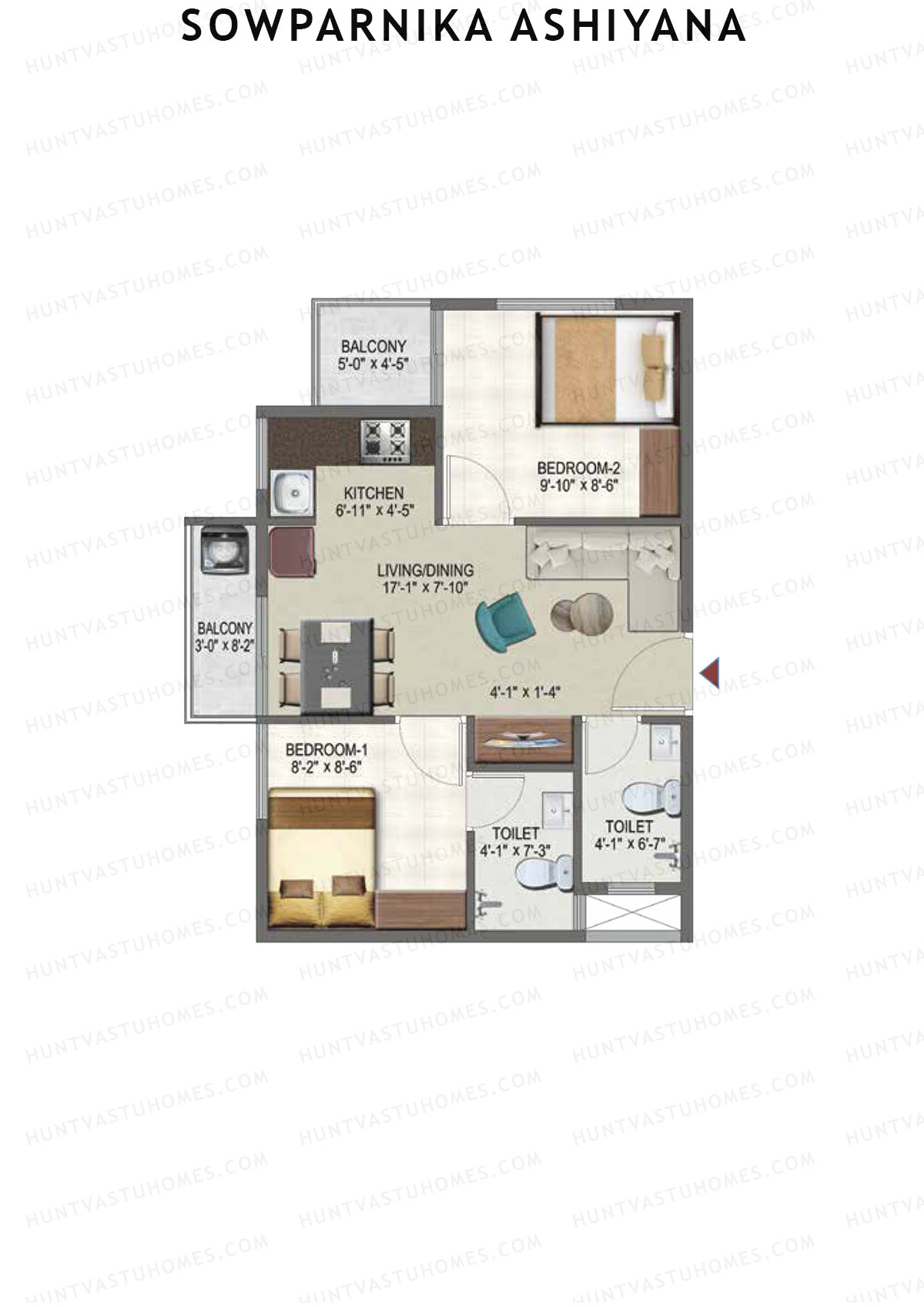Sowparnika Ashiyana, Wing B, Unit 19, 2BHK, Super Area 680   sq ft 
