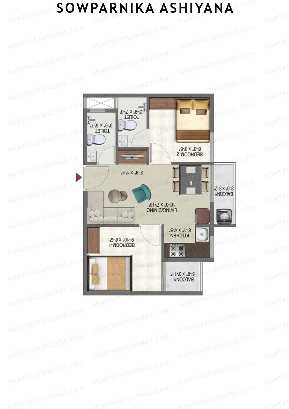 Sowparnika Ashiyana, Wing B, Unit 24, 2BHK, Super Area 650   sq ft 