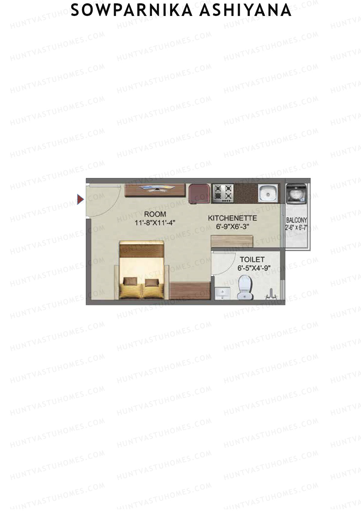 Sowparnika Ashiyana, Wing C, Unit 45, 1BHK, Super Area 345   sq ft 