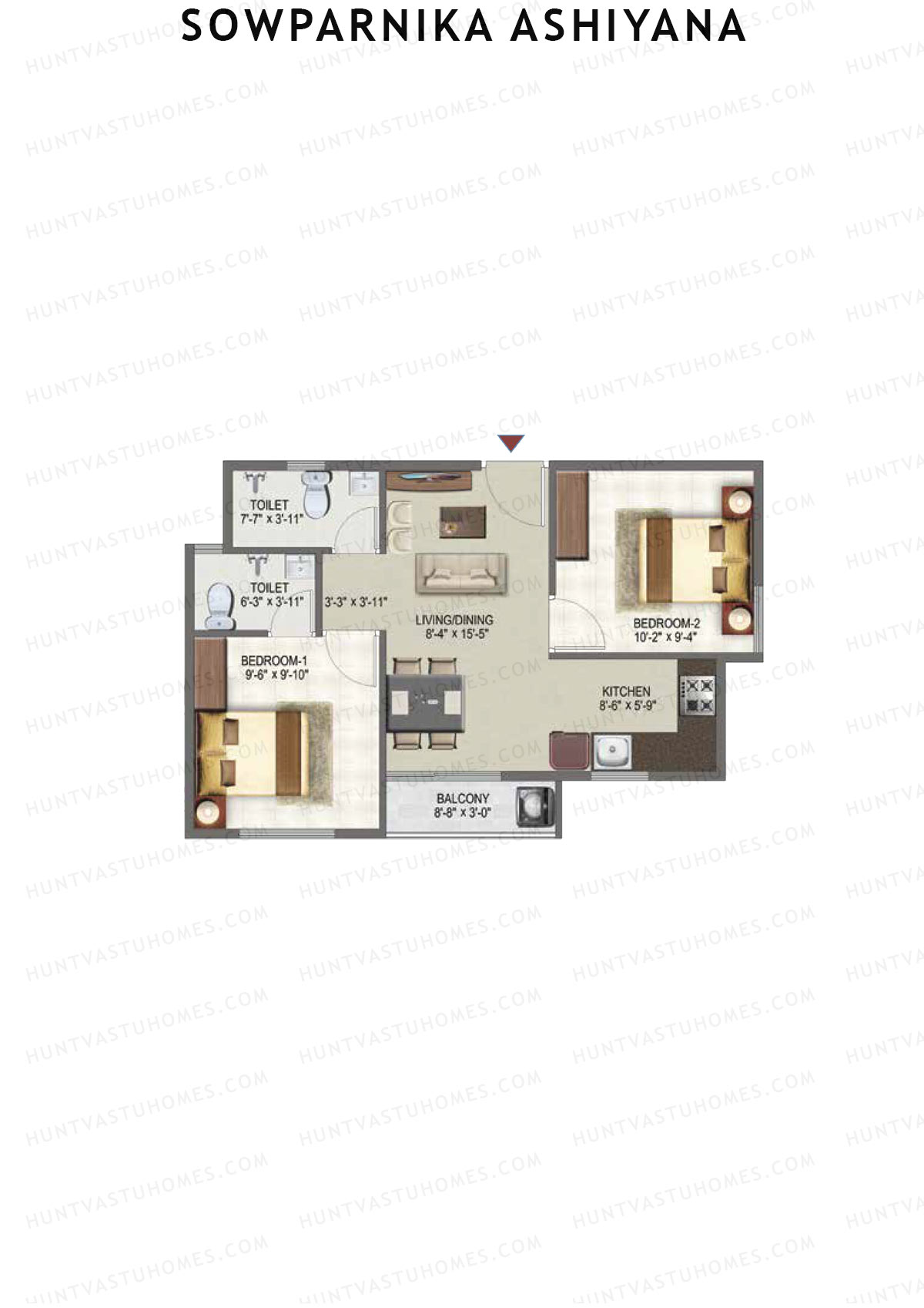 Sowparnika Ashiyana, Wing C, Unit 49, 2BHK, Super Area 733   sq ft 