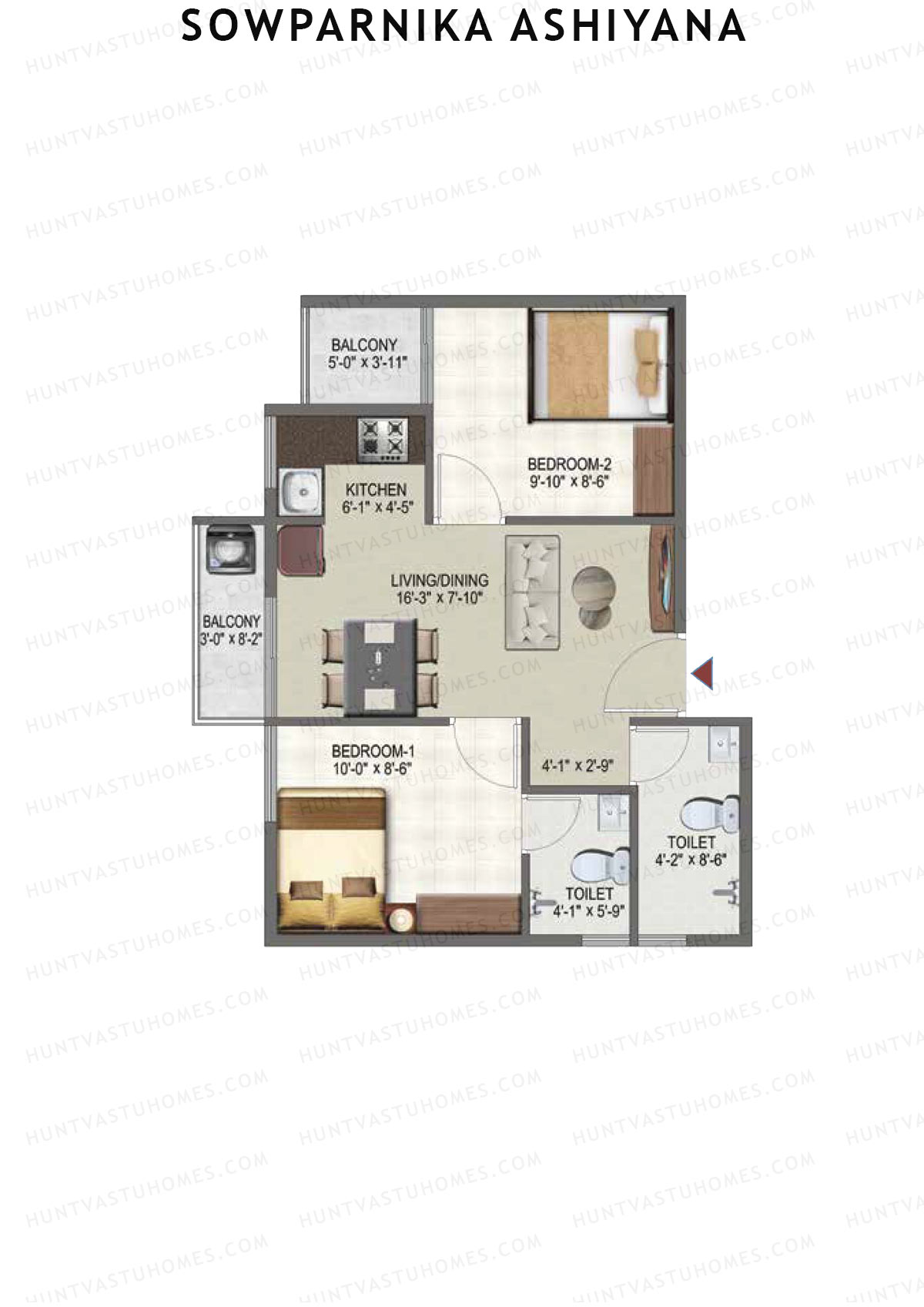 Sowparnika Ashiyana, Wing C, Unit 50, 2BHK, Super Area 698   sq ft 