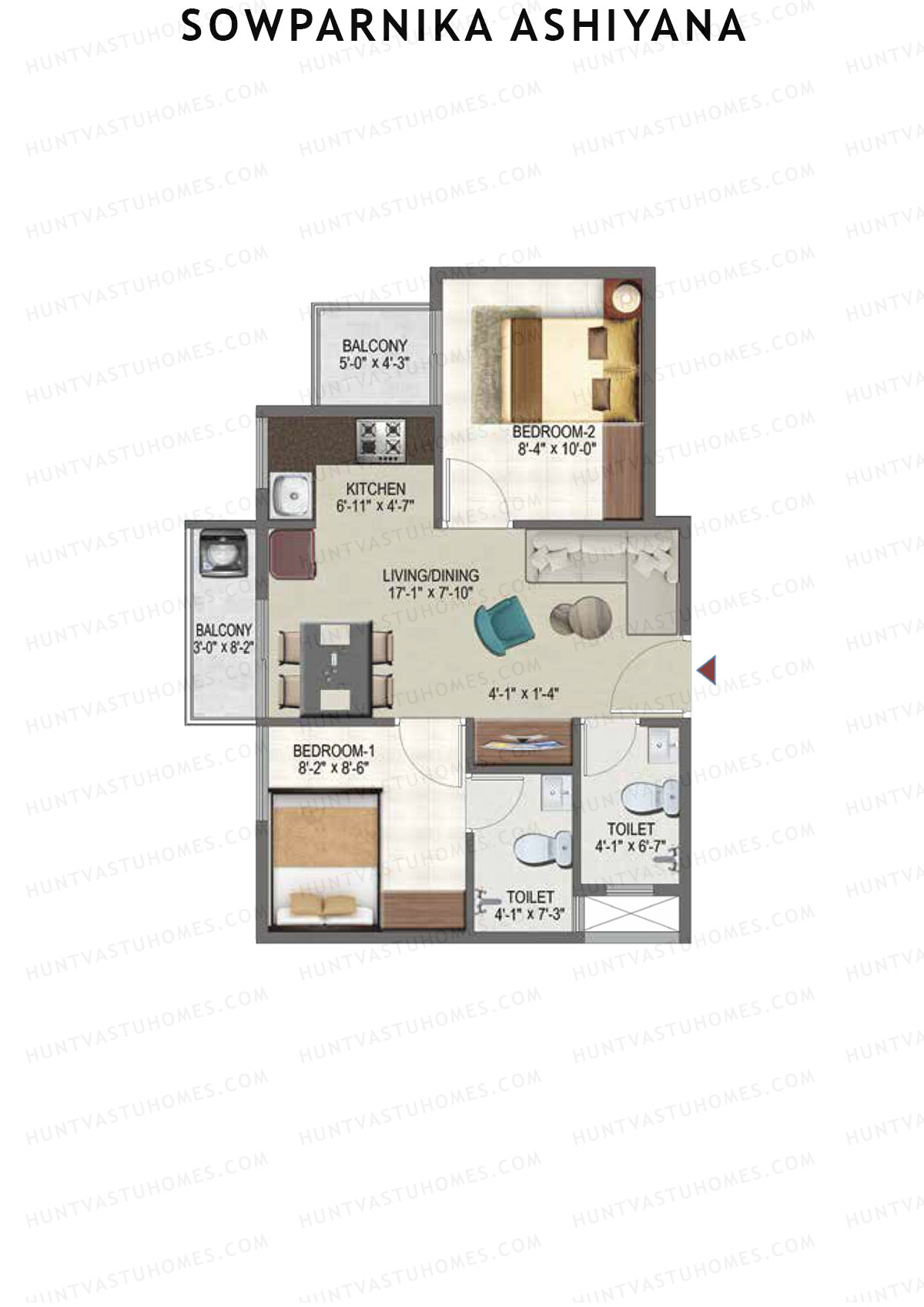 Sowparnika Ashiyana, Wing D, Unit 59, 2BHK, Super Area 679   sq ft 