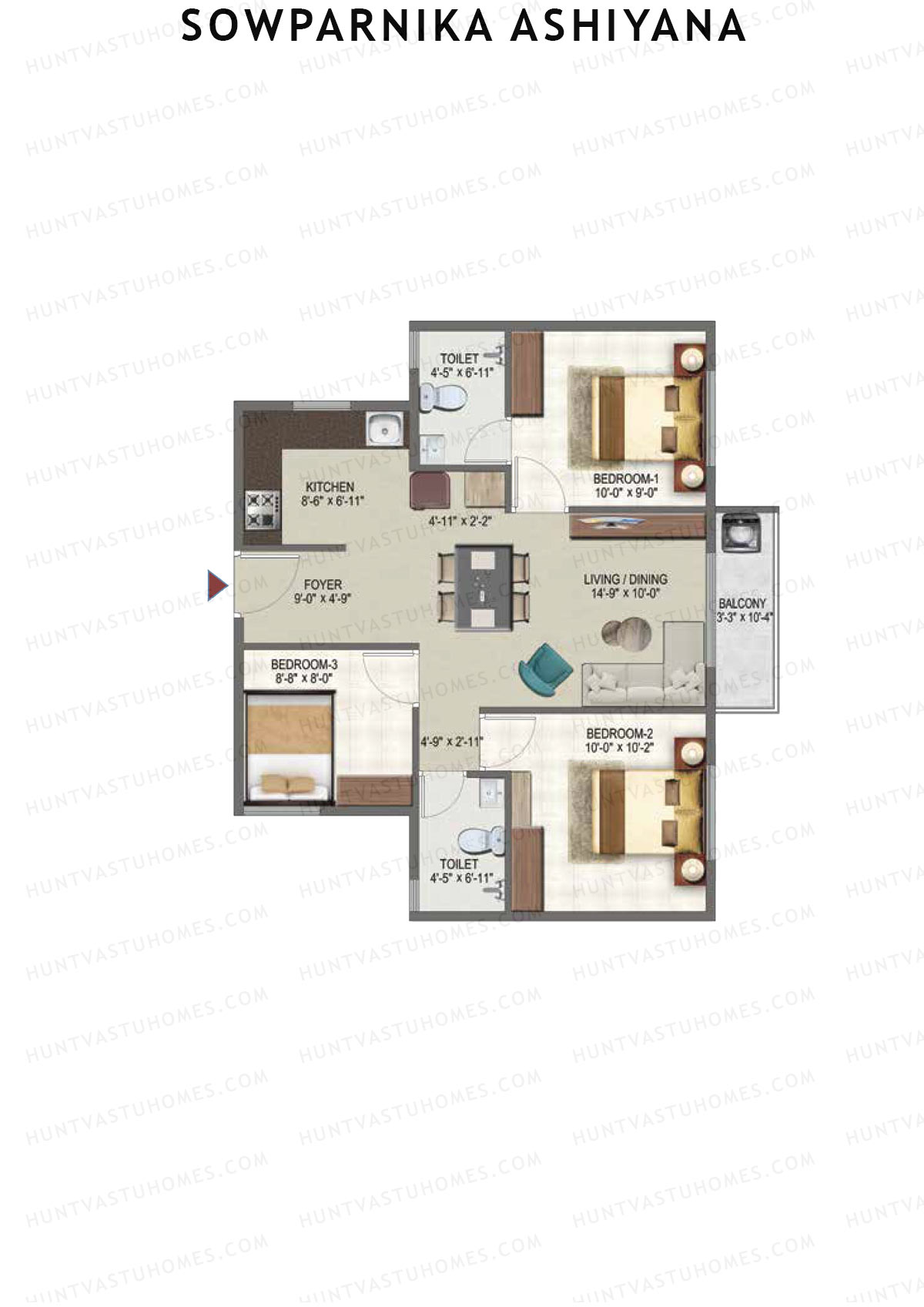 Sowparnika Ashiyana, Wing D, Unit 61, 3BHK, Super Area 1012   sq ft 