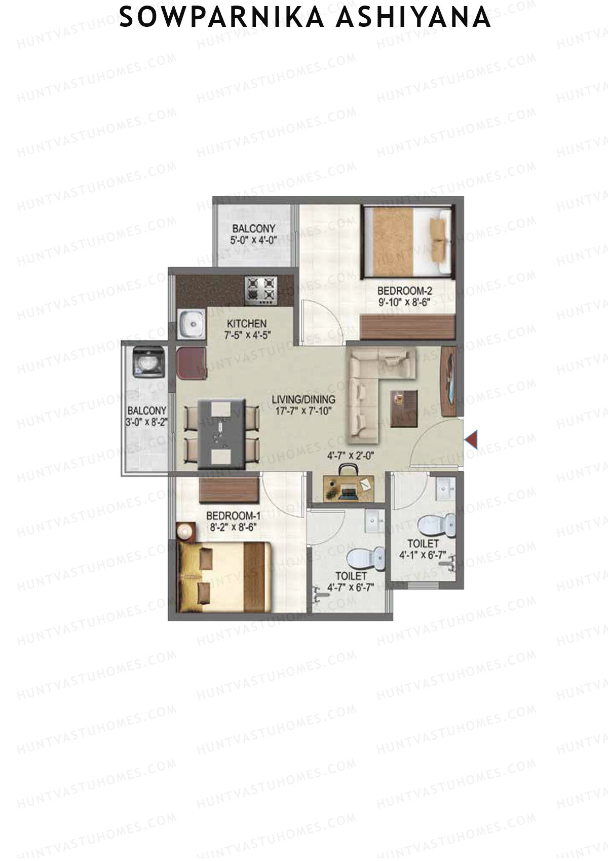 Sowparnika Ashiyana, Wing D, Unit 69, 2BHK, Super Area 692   sq ft 