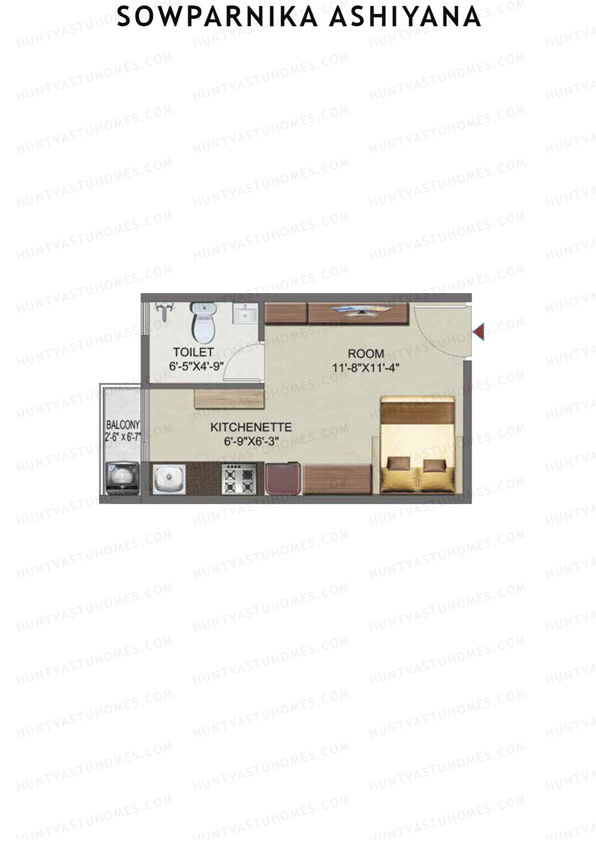 Sowparnika Ashiyana, Wing D, Unit 71, 1BHK, Super Area 345   sq ft 