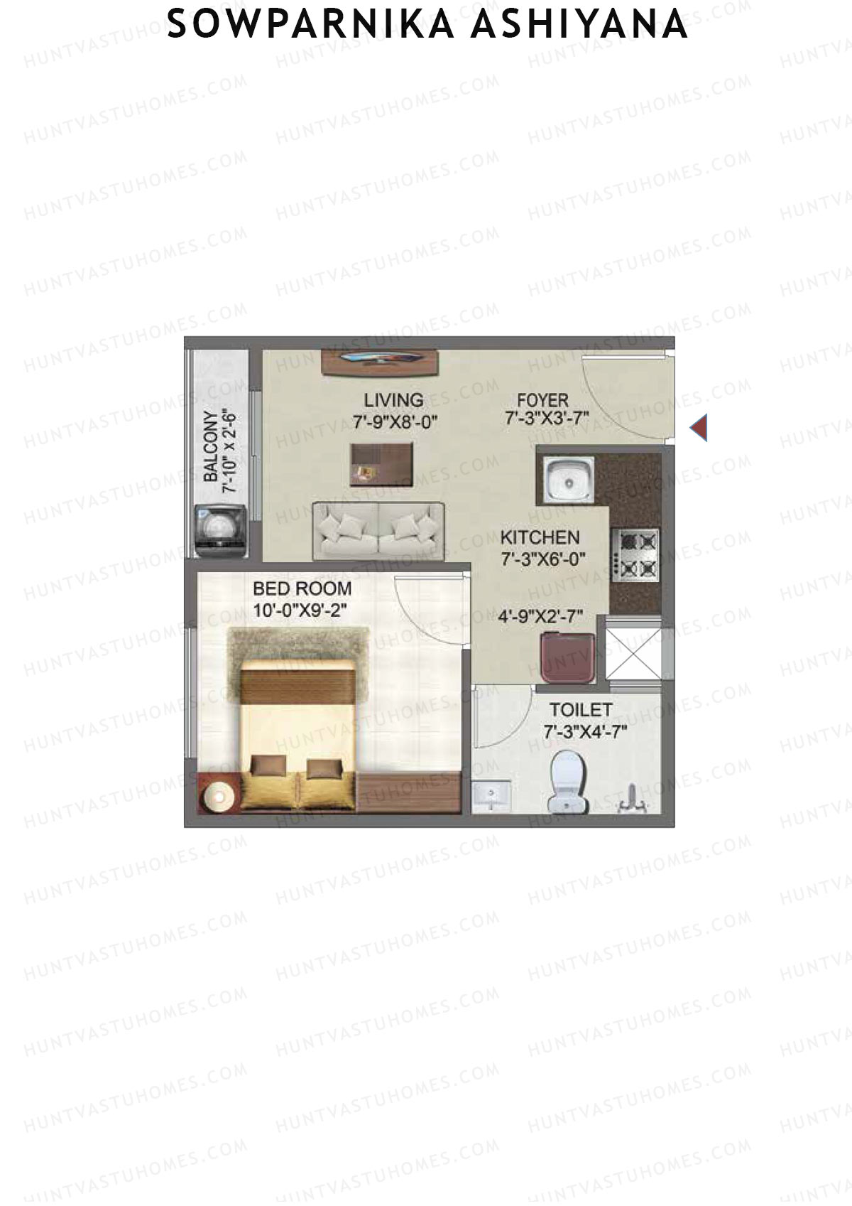 Sowparnika Ashiyana, Wing D, Unit 73, 1BHK, Super Area 460   sq ft 