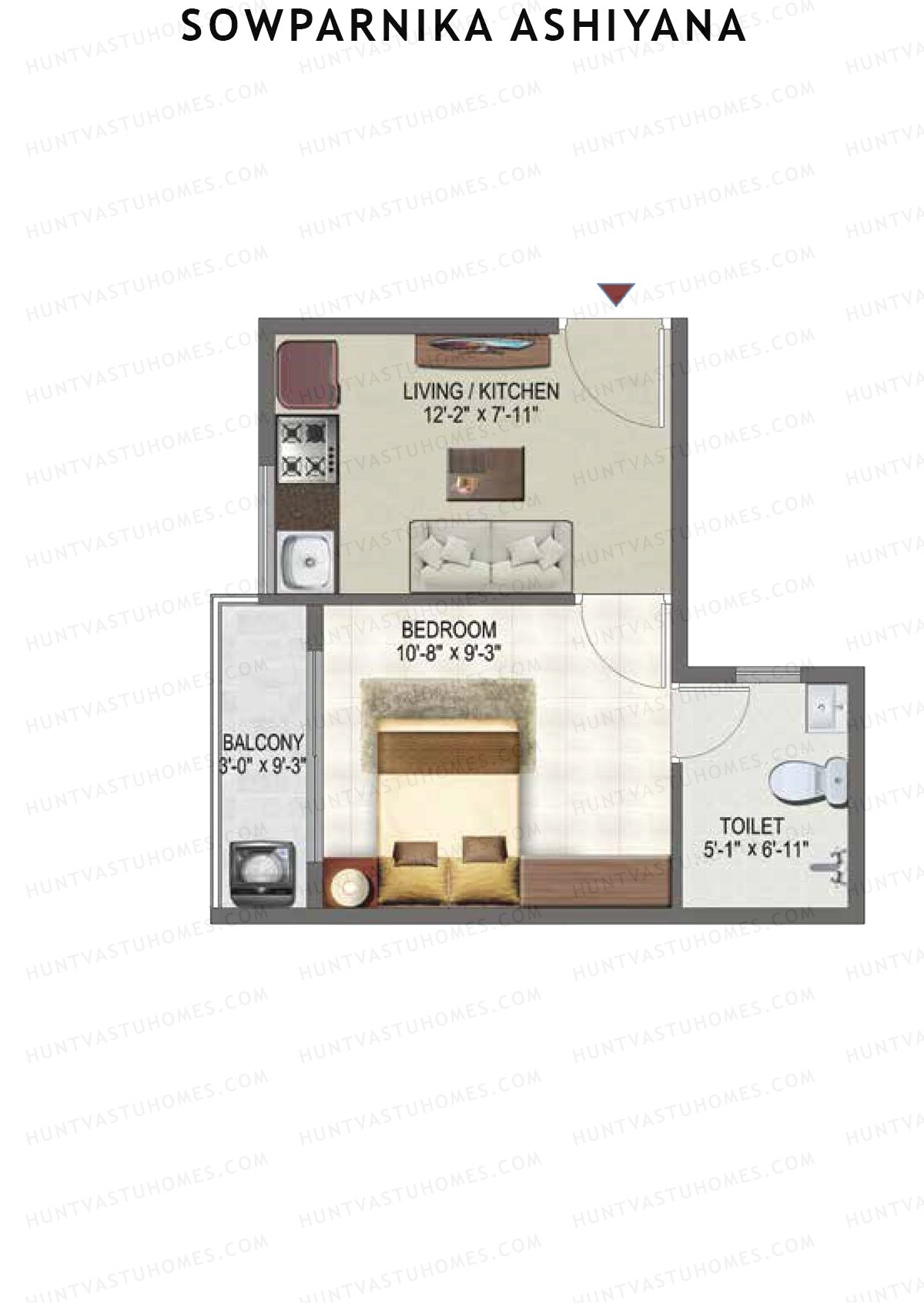 Sowparnika Ashiyana, Wing D, Unit 74, 1BHK, Super Area 406   sq ft 