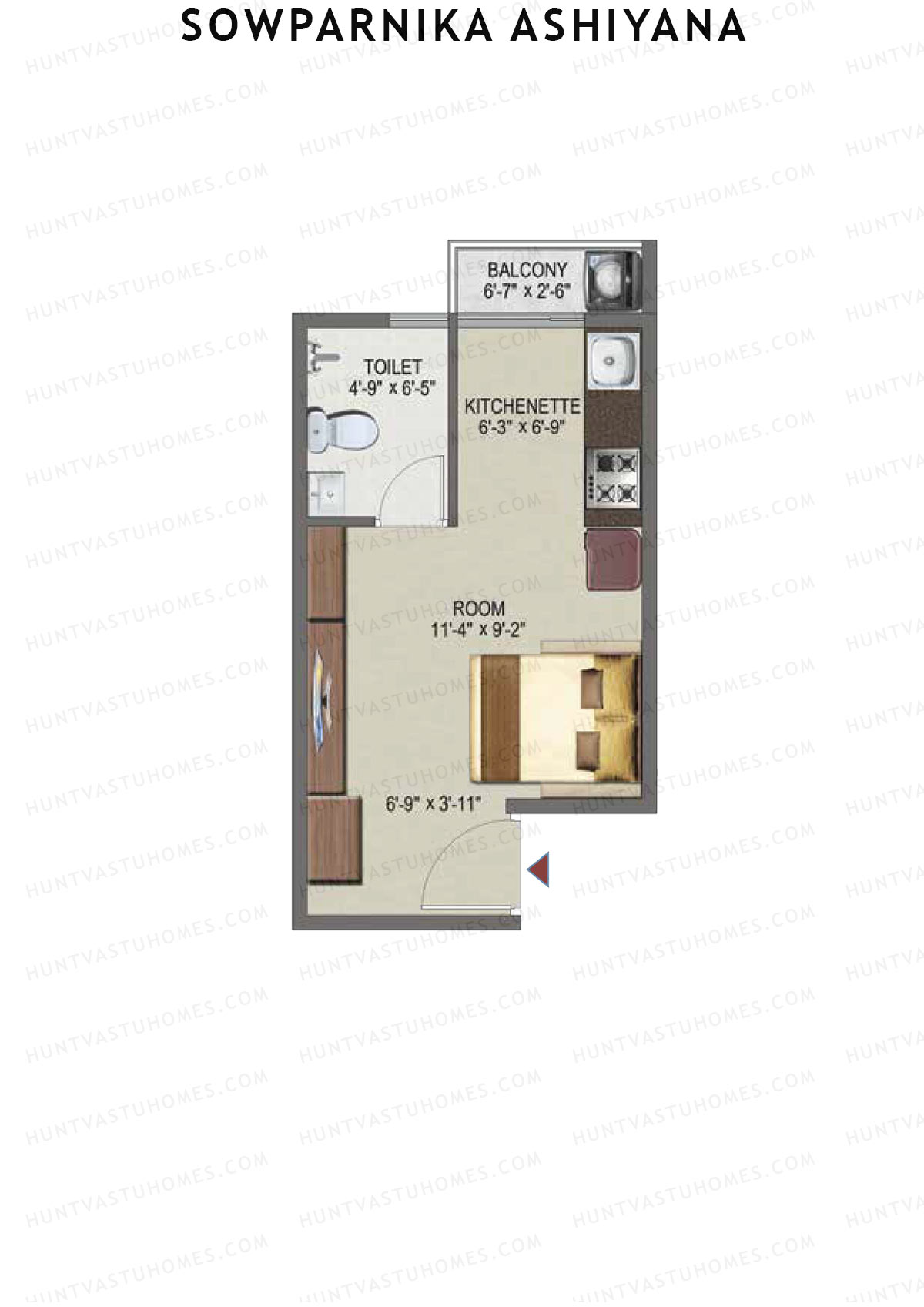 Sowparnika Ashiyana, Wing E, Unit 81, 1BHK, Super Area 343   sq ft 
