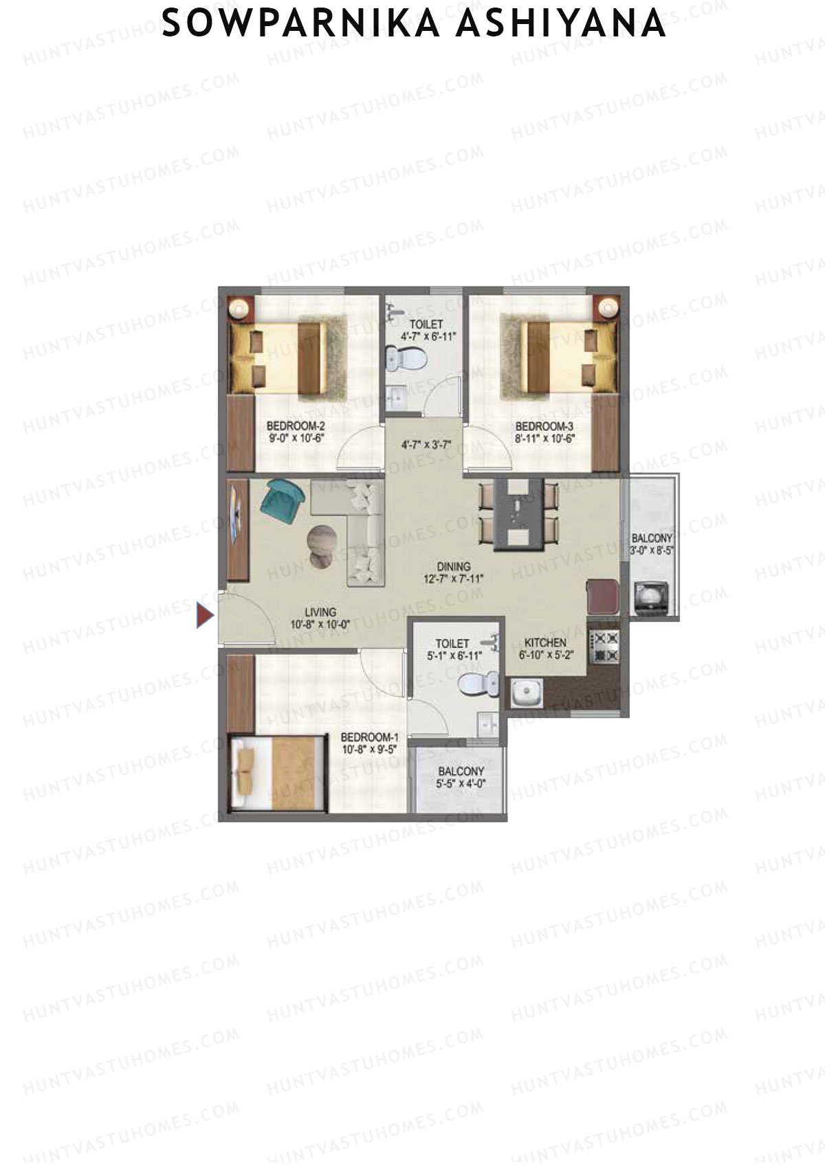 Sowparnika Ashiyana, Wing E, Unit 82, 3BHK, Super Area 1059   sq ft 
