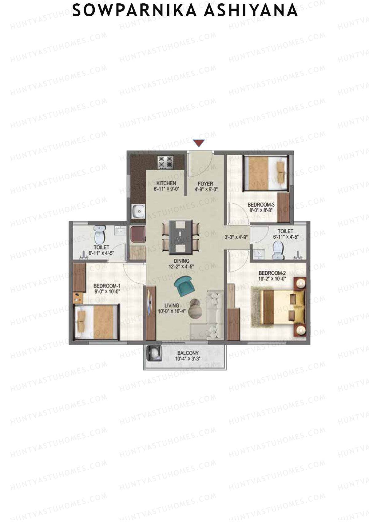 Sowparnika Ashiyana, Wing E, Unit 86, 3BHK, Super Area 1012   sq ft 