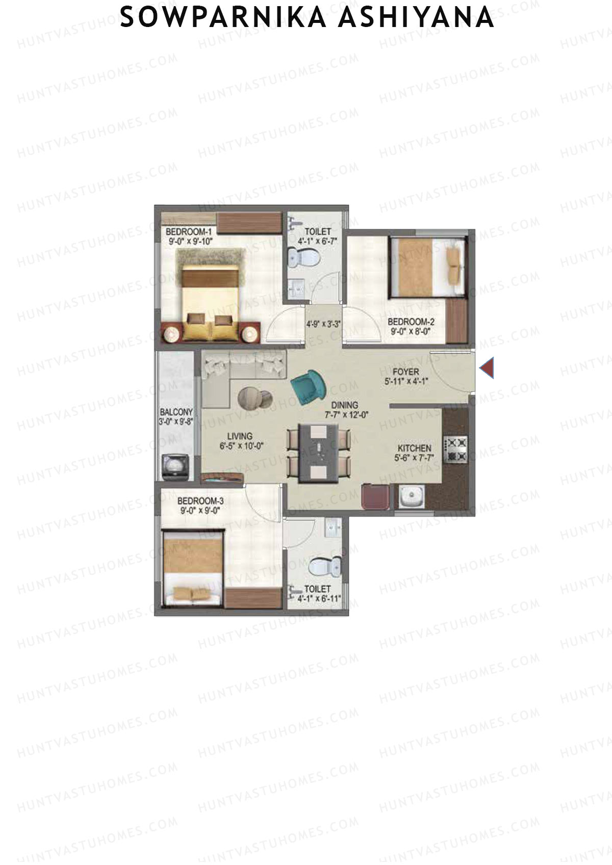 Sowparnika Ashiyana, Wing E, Unit 93, 3BHK, Super Area 899   sq ft 