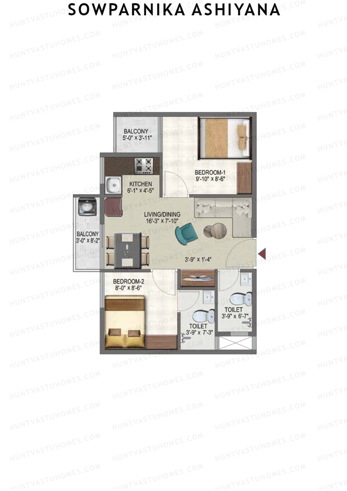 Sowparnika Ashiyana, Wing E, Unit 98, 2BHK, Super Area 650   sq ft 