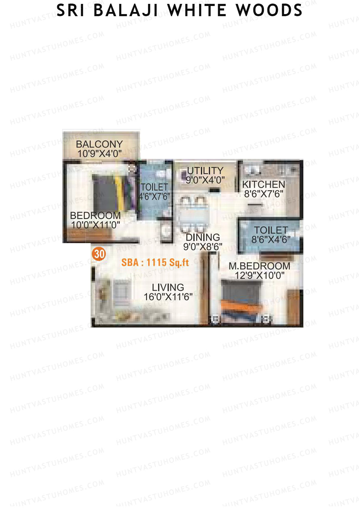 Sri Balaji White Woods, Wing 1, Unit 30, 2BHK, Super Area 1115   sq ft 