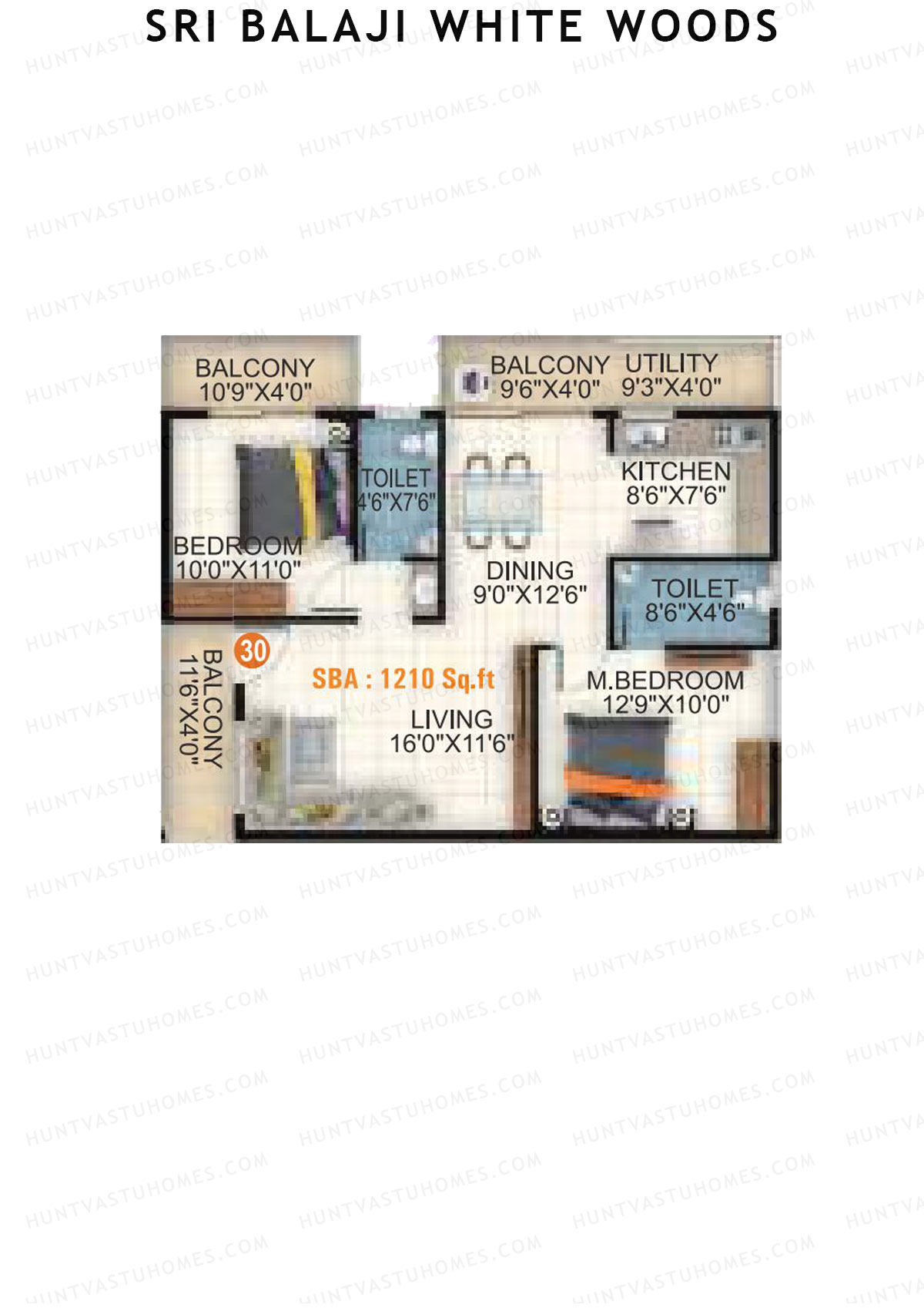 Sri Balaji White Woods, Wing 1, Unit 30, 2BHK, Super Area 1210   sq ft 