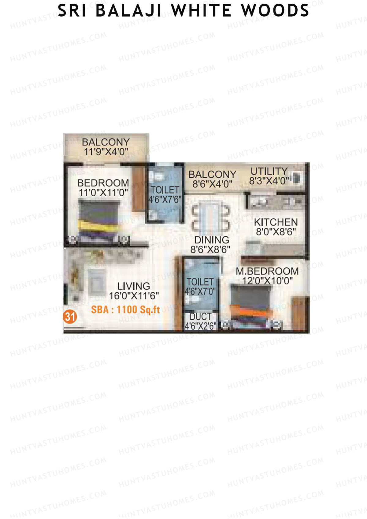 Sri Balaji White Woods, Wing 1, Unit 33, 2BHK, Super Area 1100   sq ft 