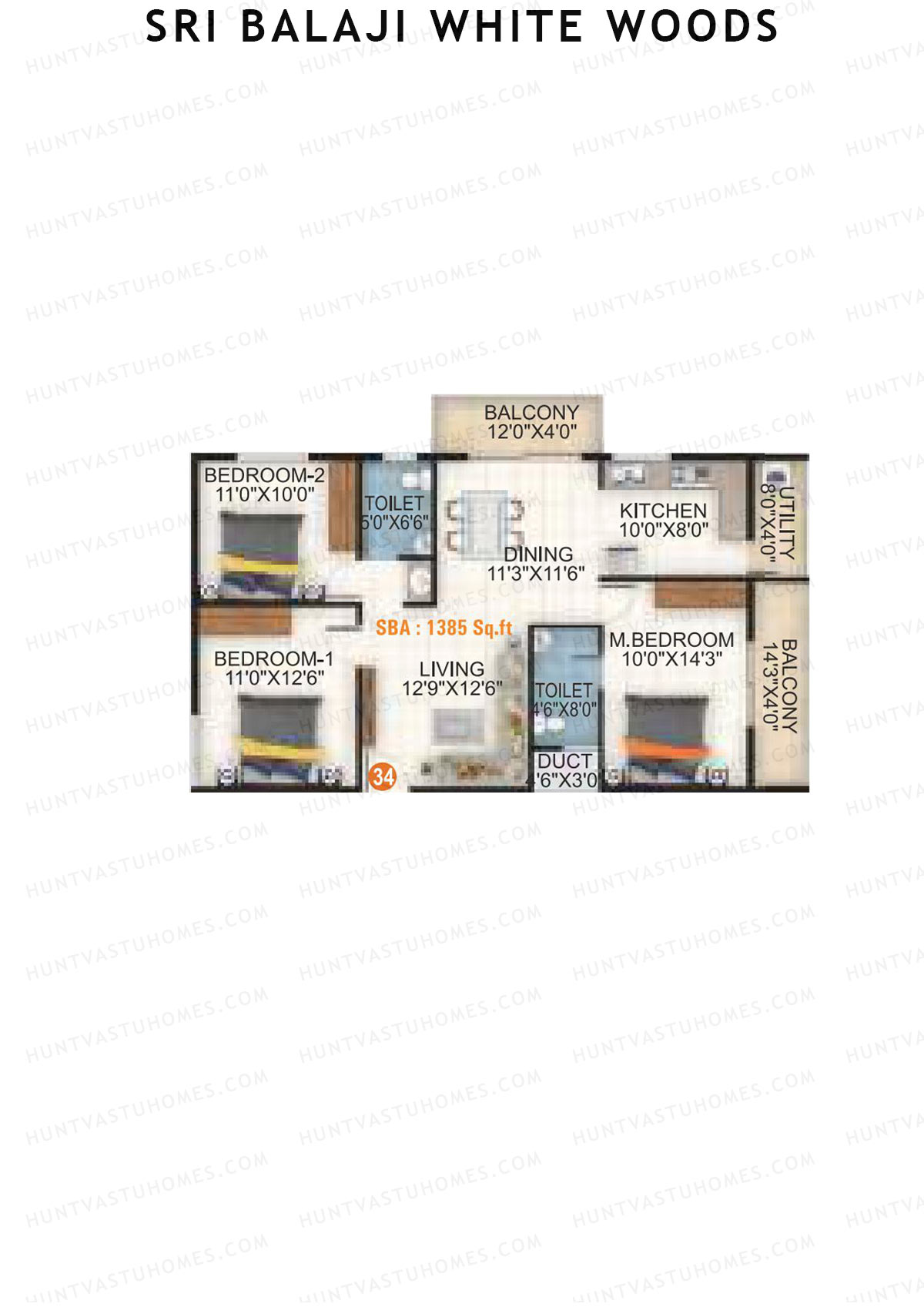 Sri Balaji White Woods, Wing 1, Unit 34, 3BHK, Super Area 1385   sq ft 