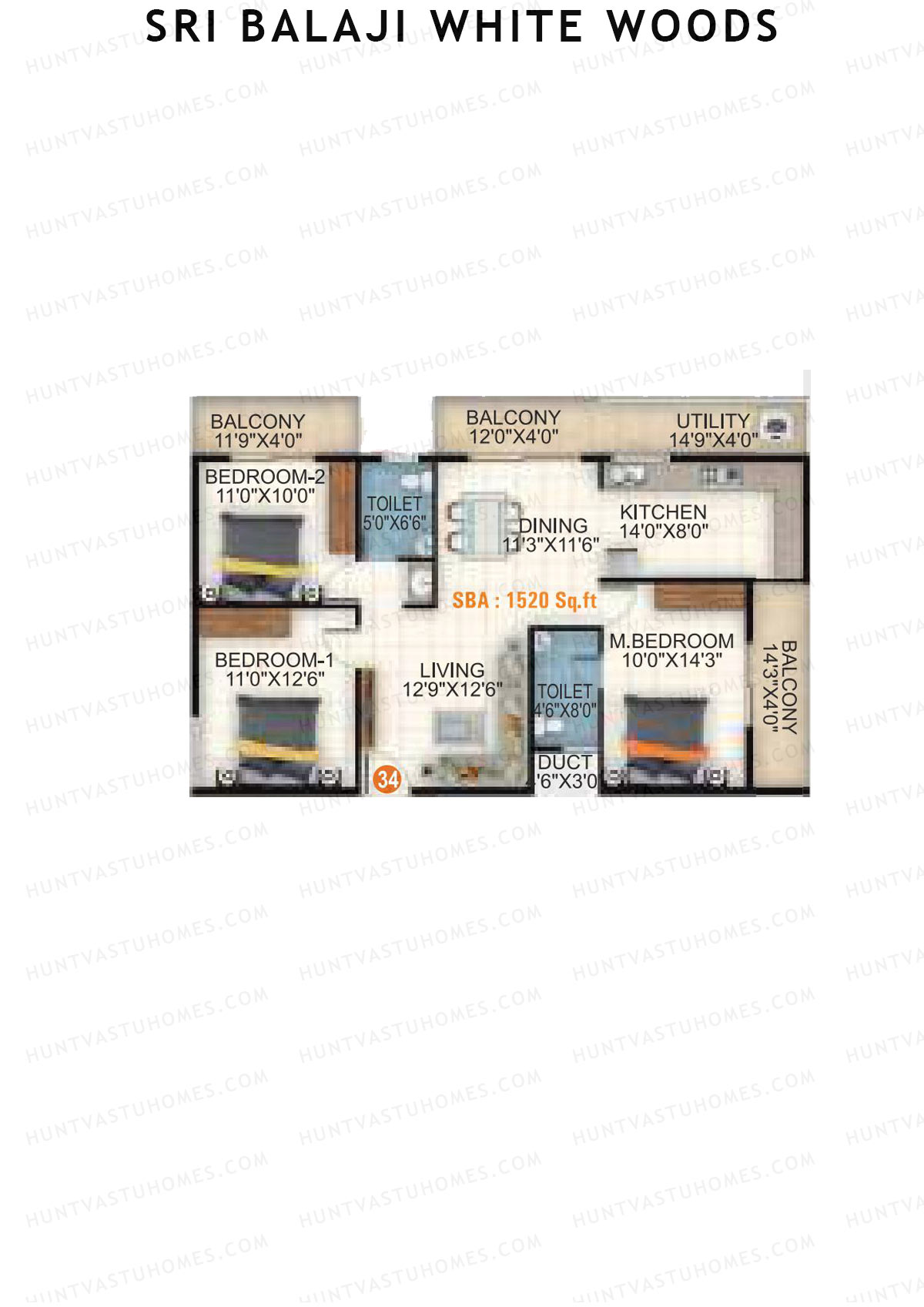 Sri Balaji White Woods, Wing 1, Unit 34, 3BHK, Super Area 1520   sq ft 