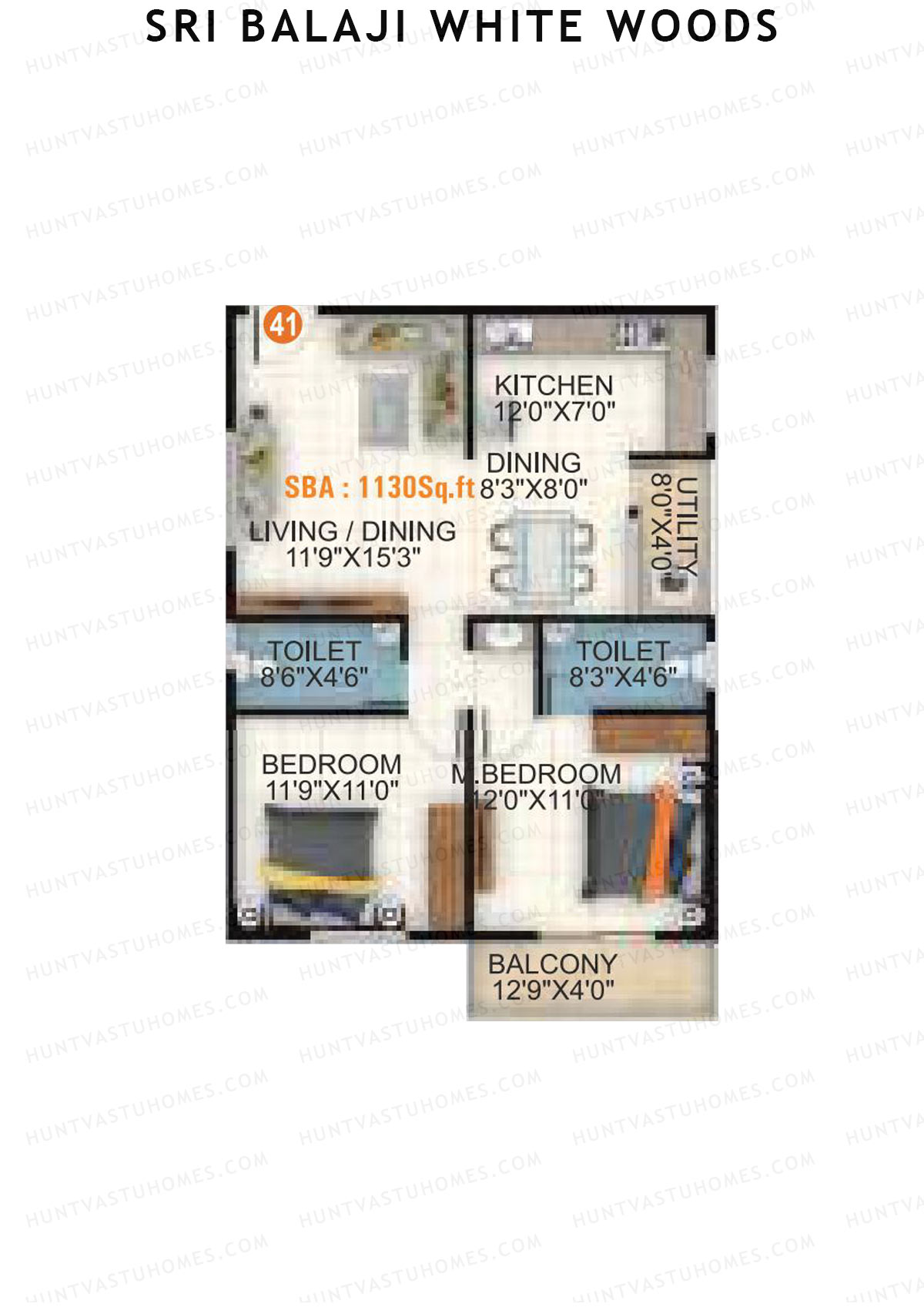 Sri Balaji White Woods, Wing 1, Unit 41, 2BHK, Super Area 1130   sq ft 