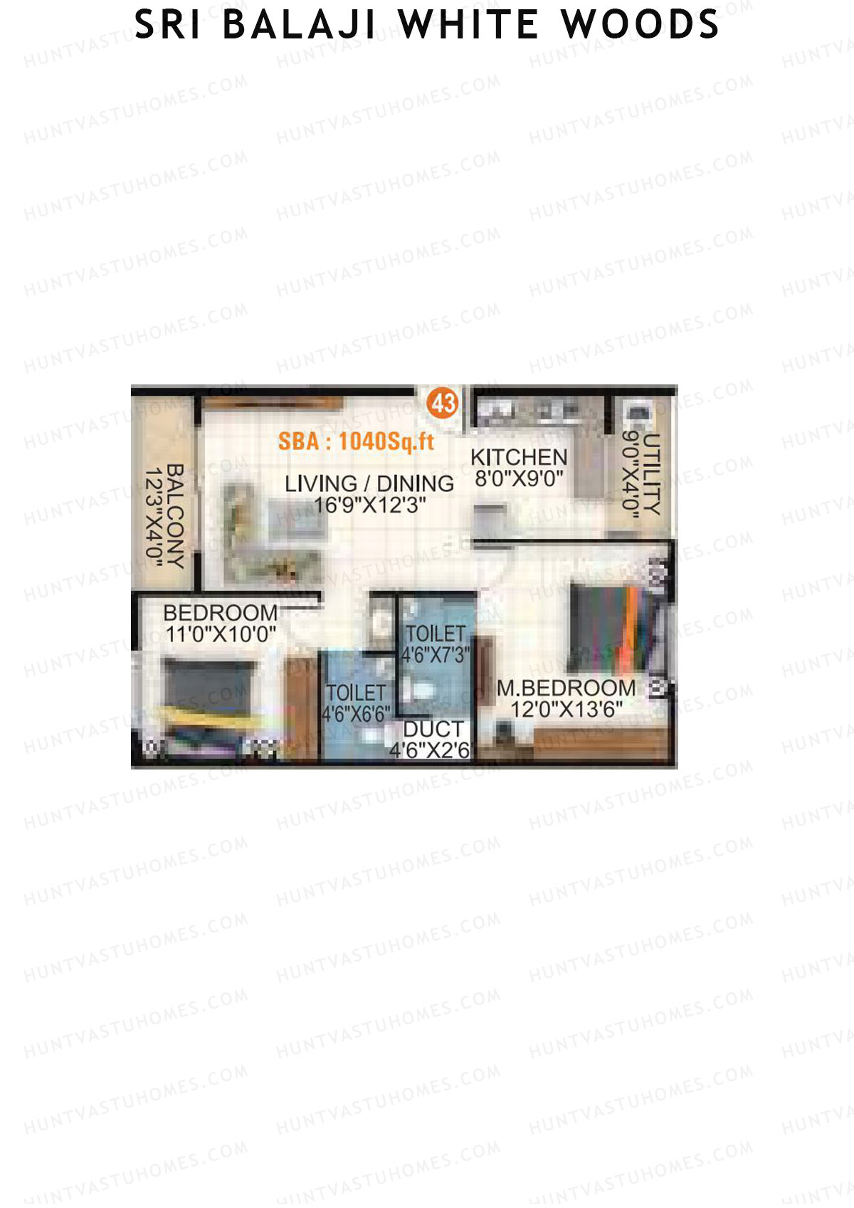 Sri Balaji White Woods, Wing 1, Unit 43, 2BHK, Super Area 1040   sq ft 