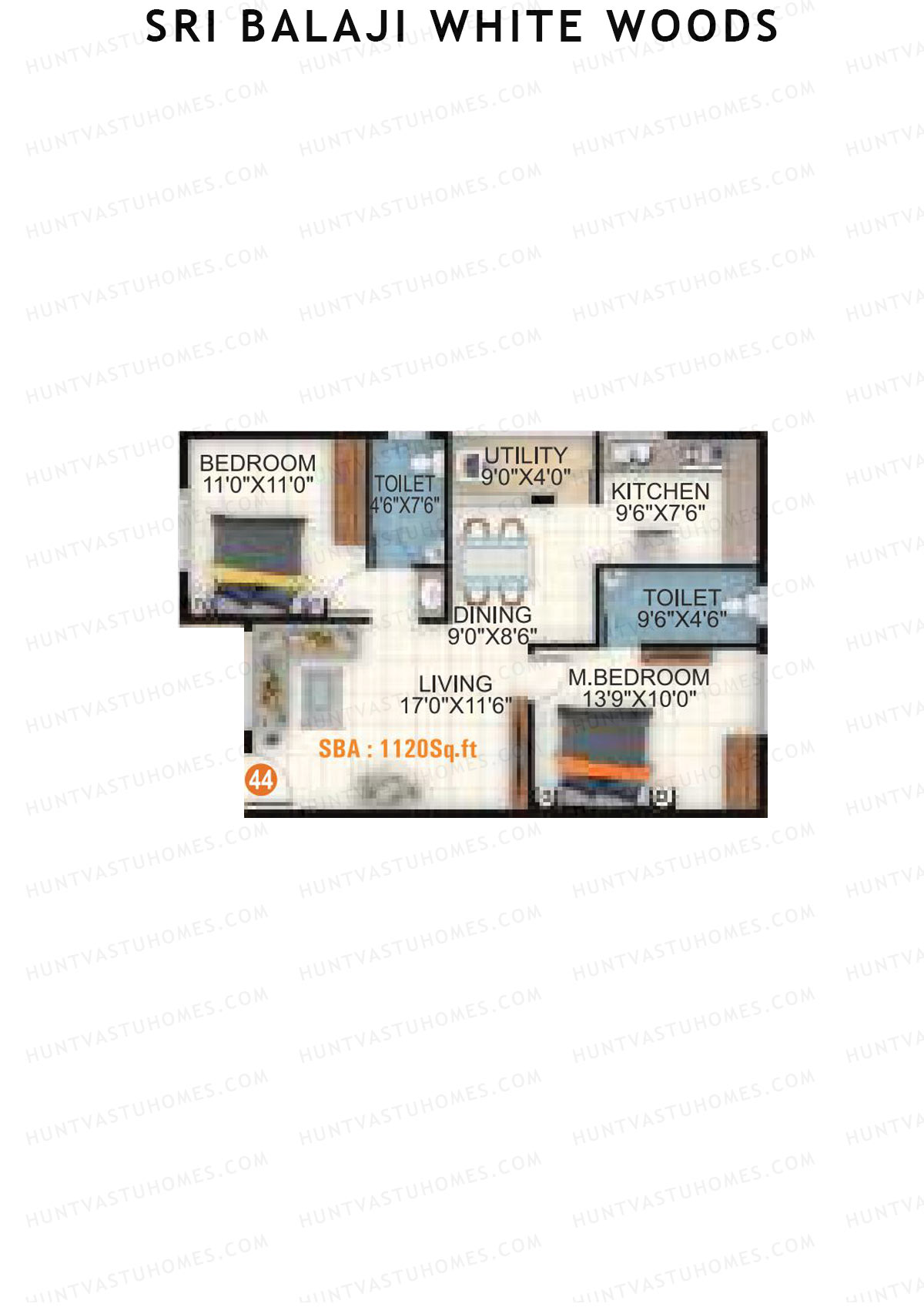 Sri Balaji White Woods, Wing 1, Unit 44, 2BHK, Super Area 1120   sq ft 