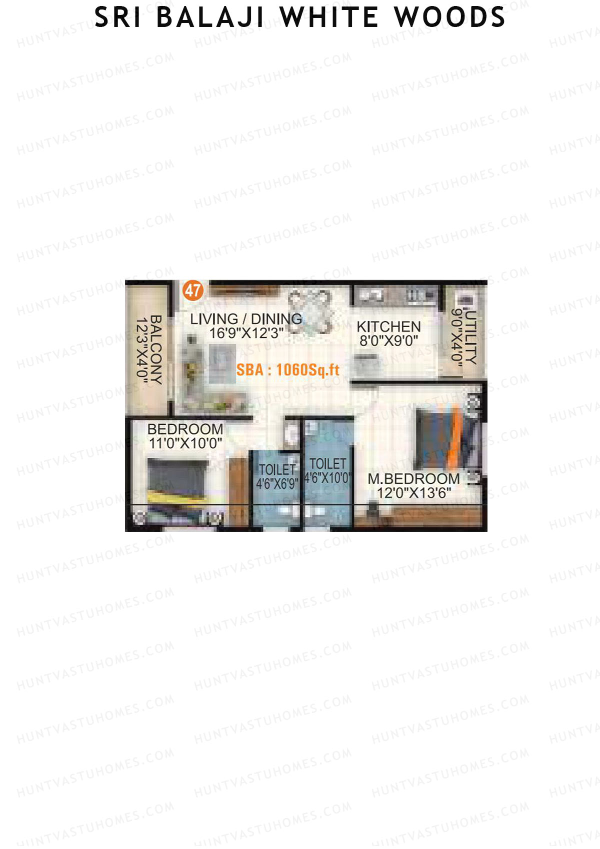 Sri Balaji White Woods, Wing 1, Unit 47, 2BHK, Super Area 1060   sq ft 