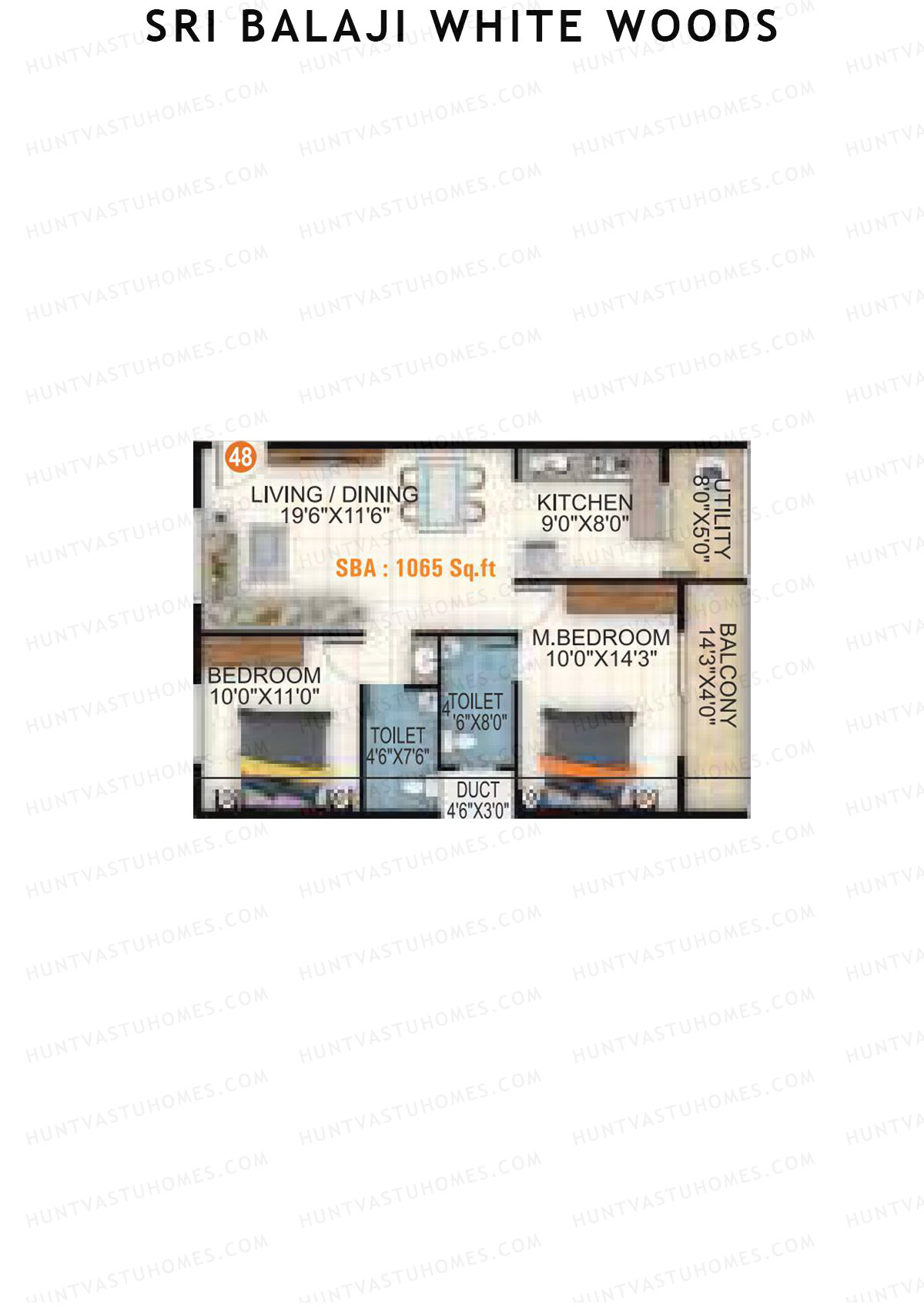 Sri Balaji White Woods, Wing 1, Unit 48, 2BHK, Super Area 1065   sq ft 
