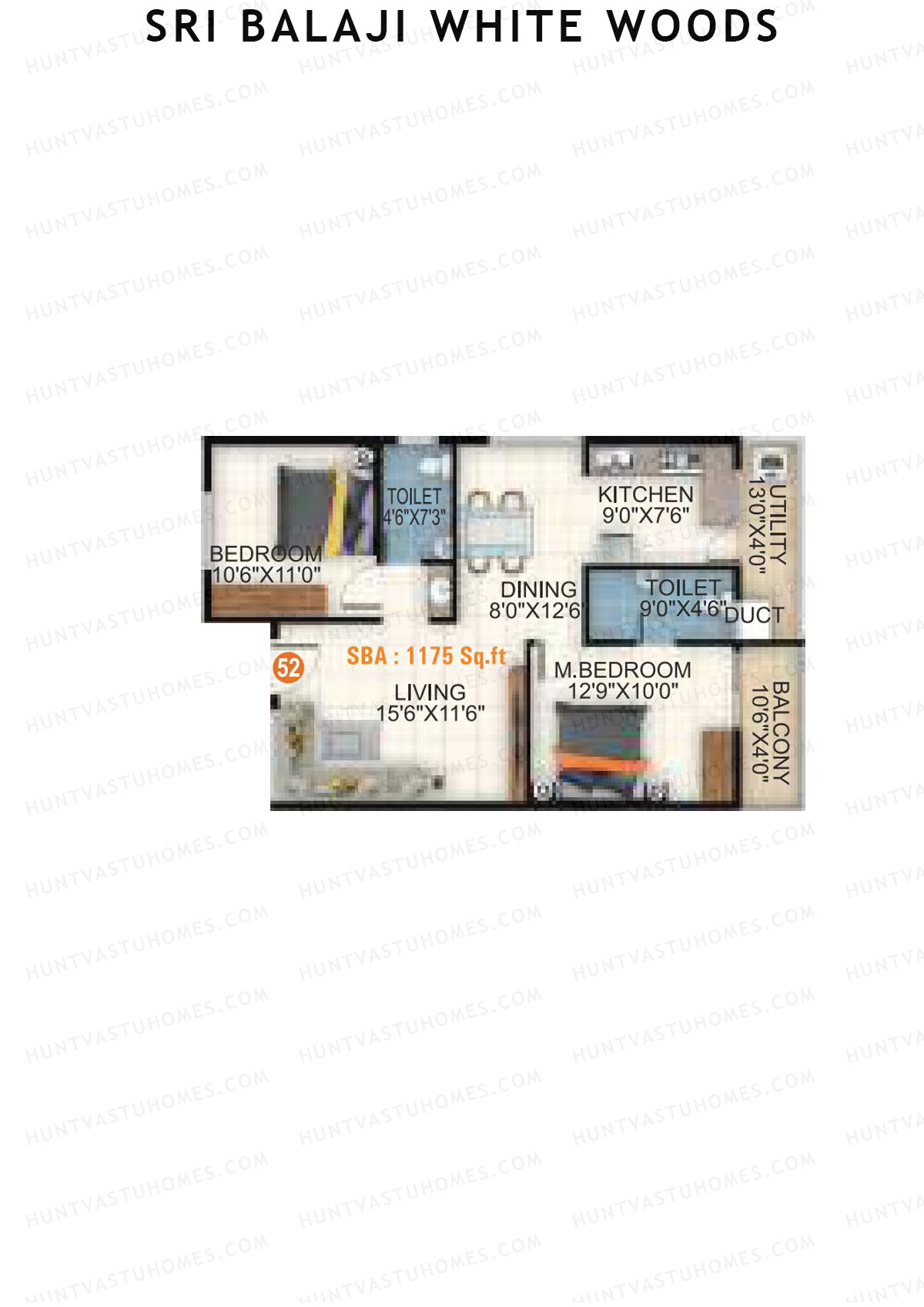 Sri Balaji White Woods, Wing 1, Unit 52, 2BHK, Super Area 1175   sq ft 