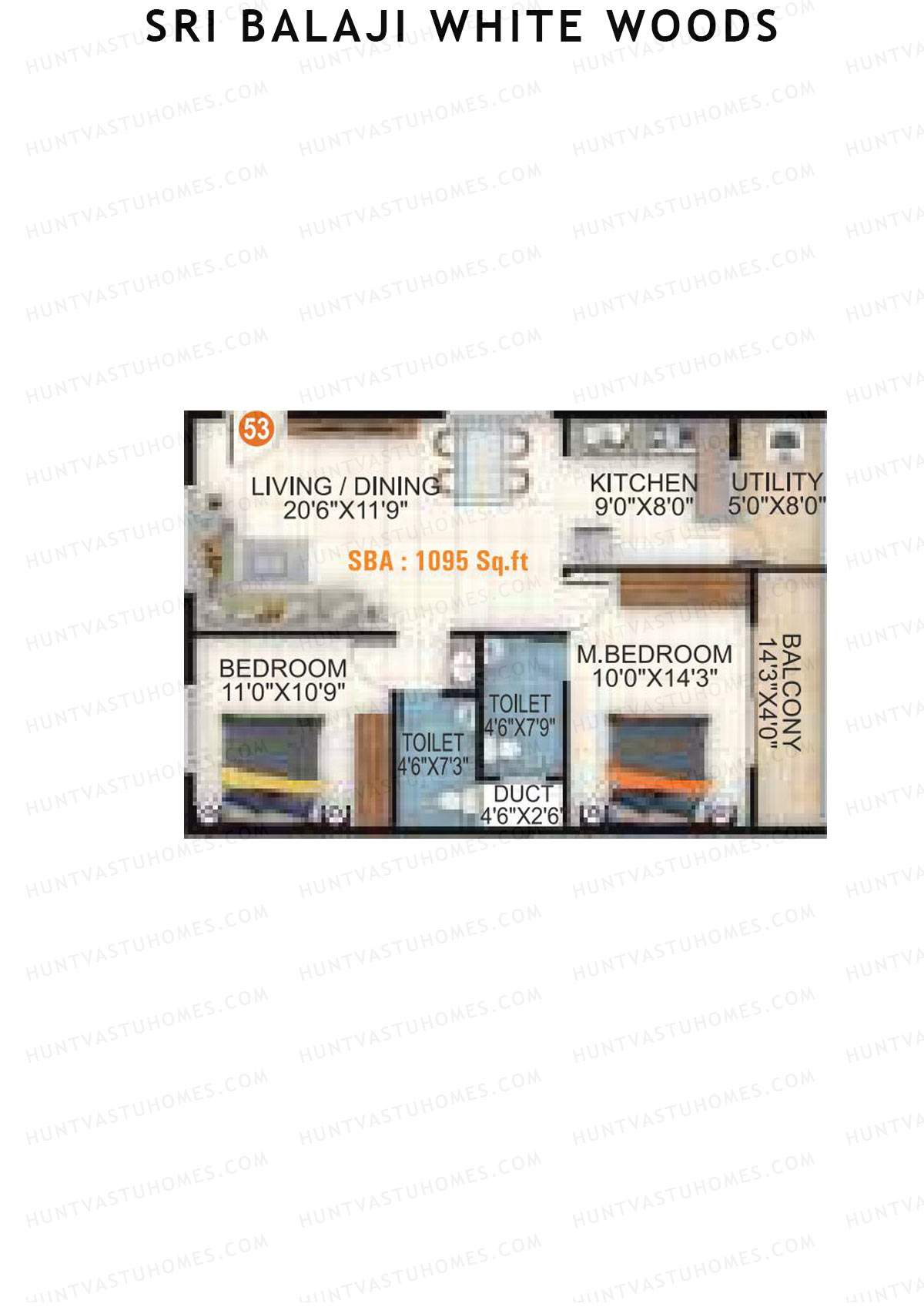 Sri Balaji White Woods, Wing 1, Unit 53, 2BHK, Super Area 1095   sq ft 