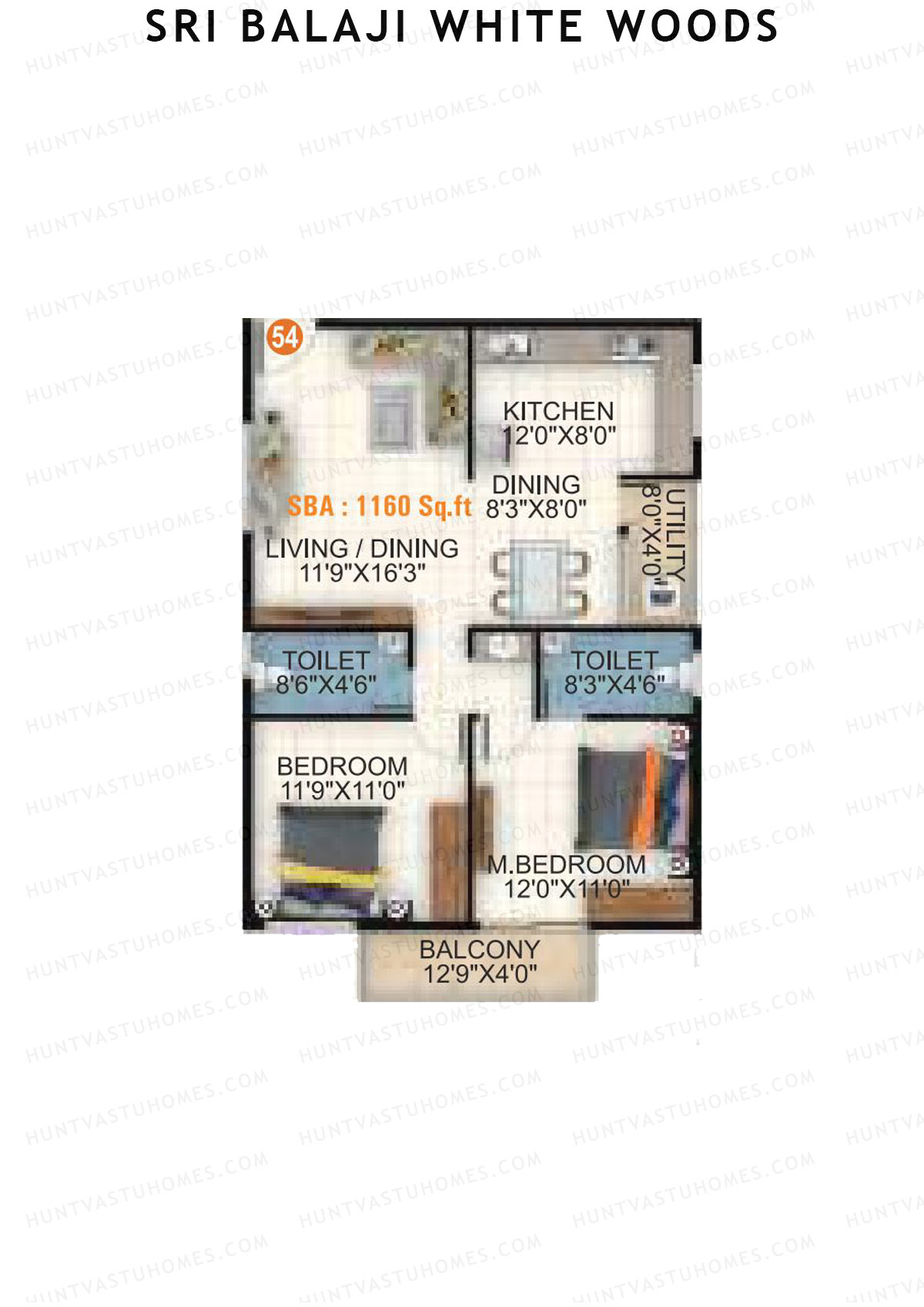 Sri Balaji White Woods, Wing 1, Unit 54, 2BHK, Super Area 1160   sq ft 