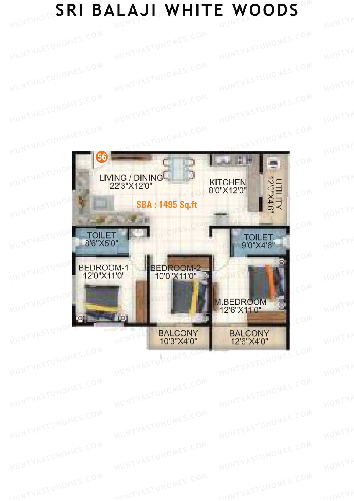 Sri Balaji White Woods, Wing 1, Unit 56, 3BHK, Super Area 1495   sq ft 