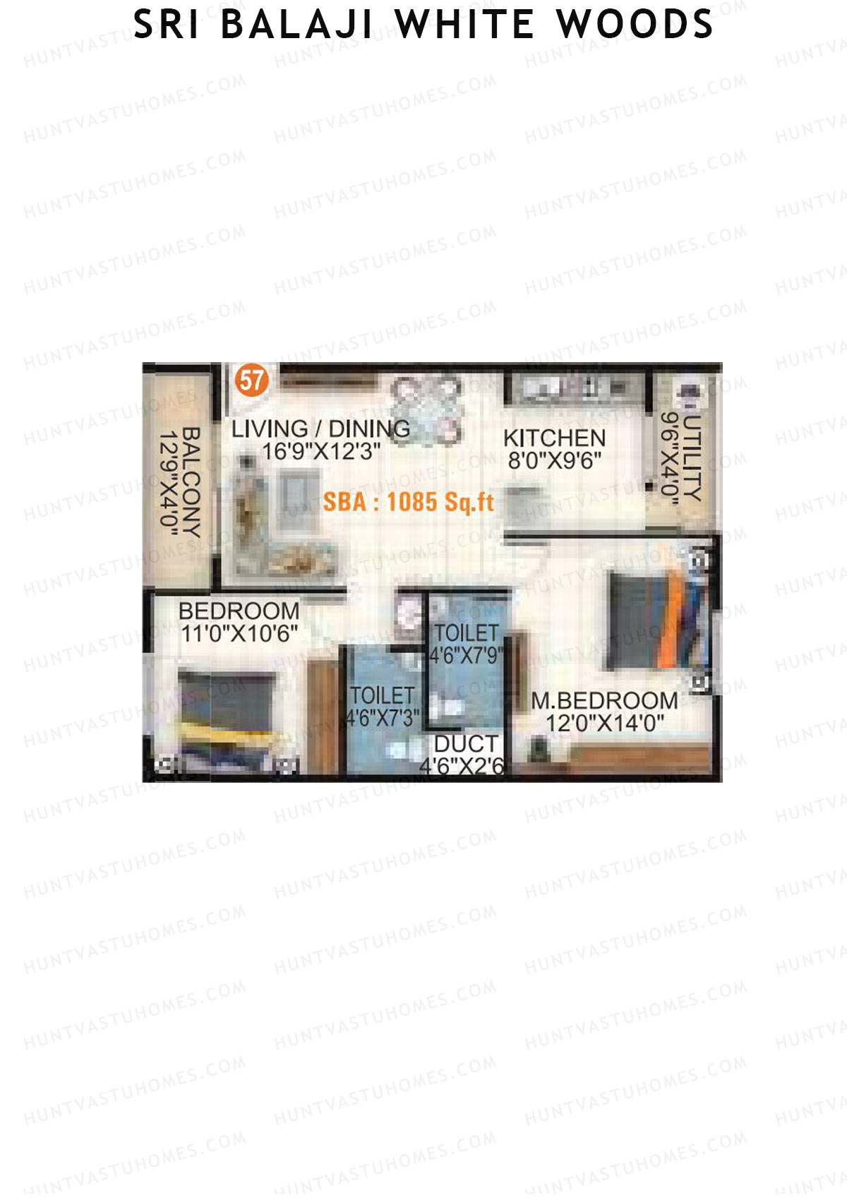 Sri Balaji White Woods, Wing 1, Unit 57, 2BHK, Super Area 1085   sq ft 