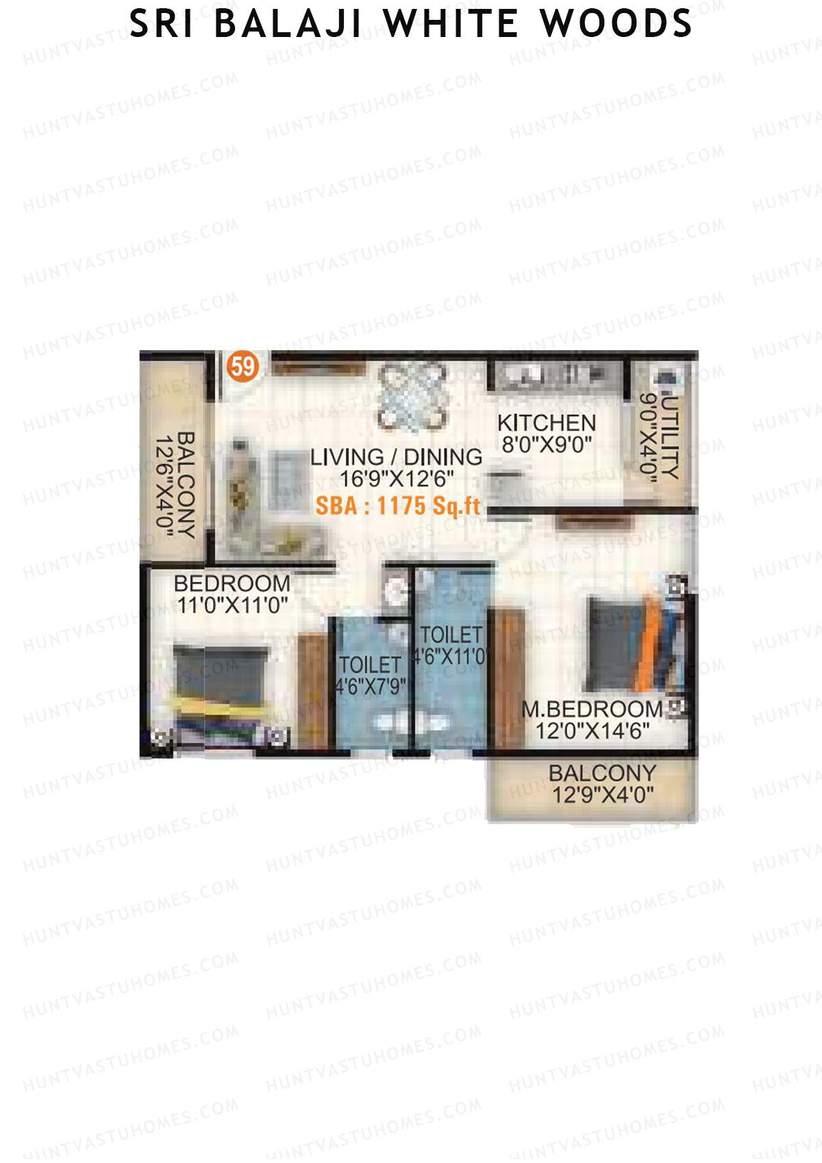 Sri Balaji White Woods, Wing 1, Unit 59, 2BHK, Super Area 1175   sq ft 