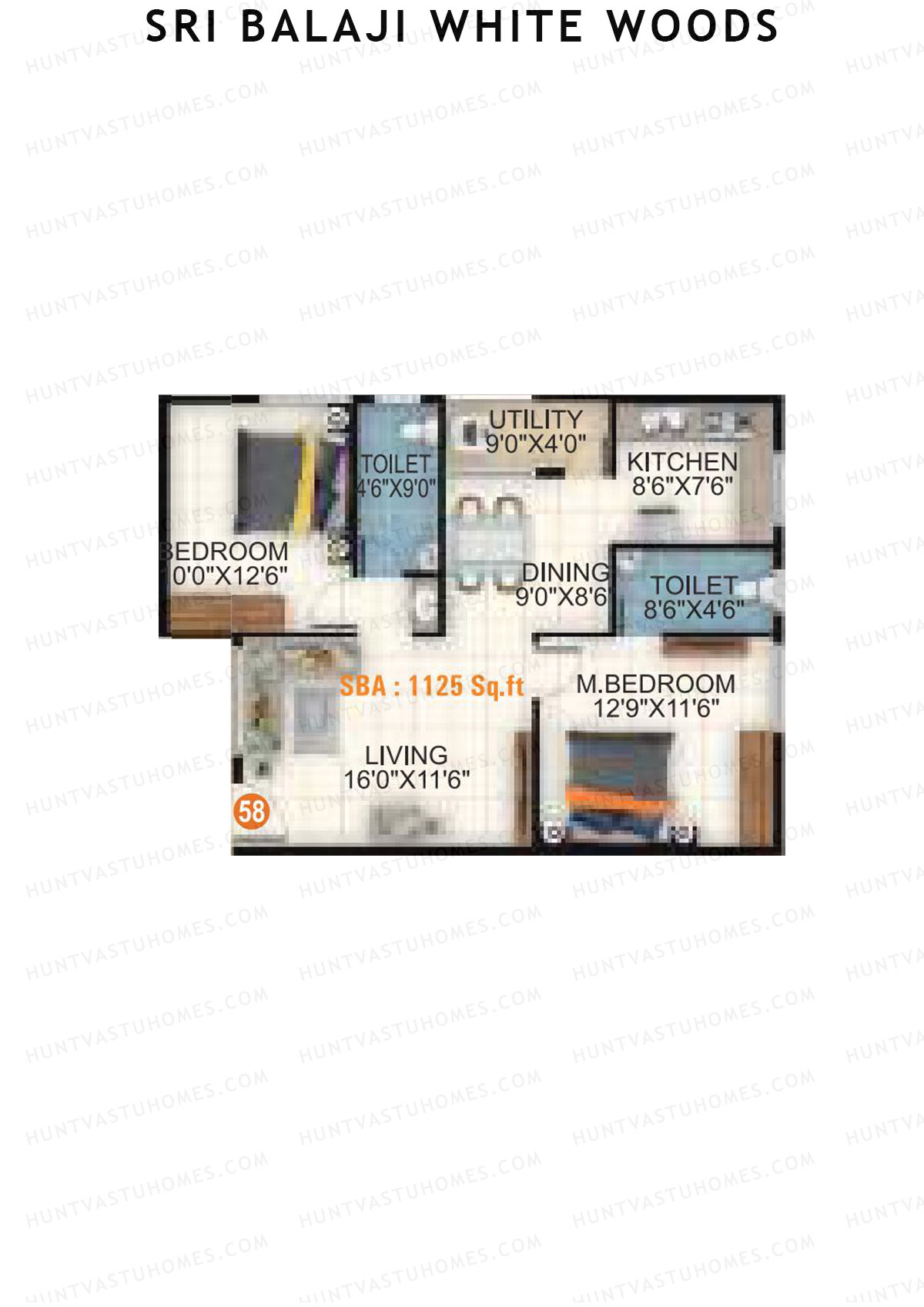 Sri Balaji White Woods, Wing 1, Unit 60, 2BHK, Super Area 1125   sq ft 