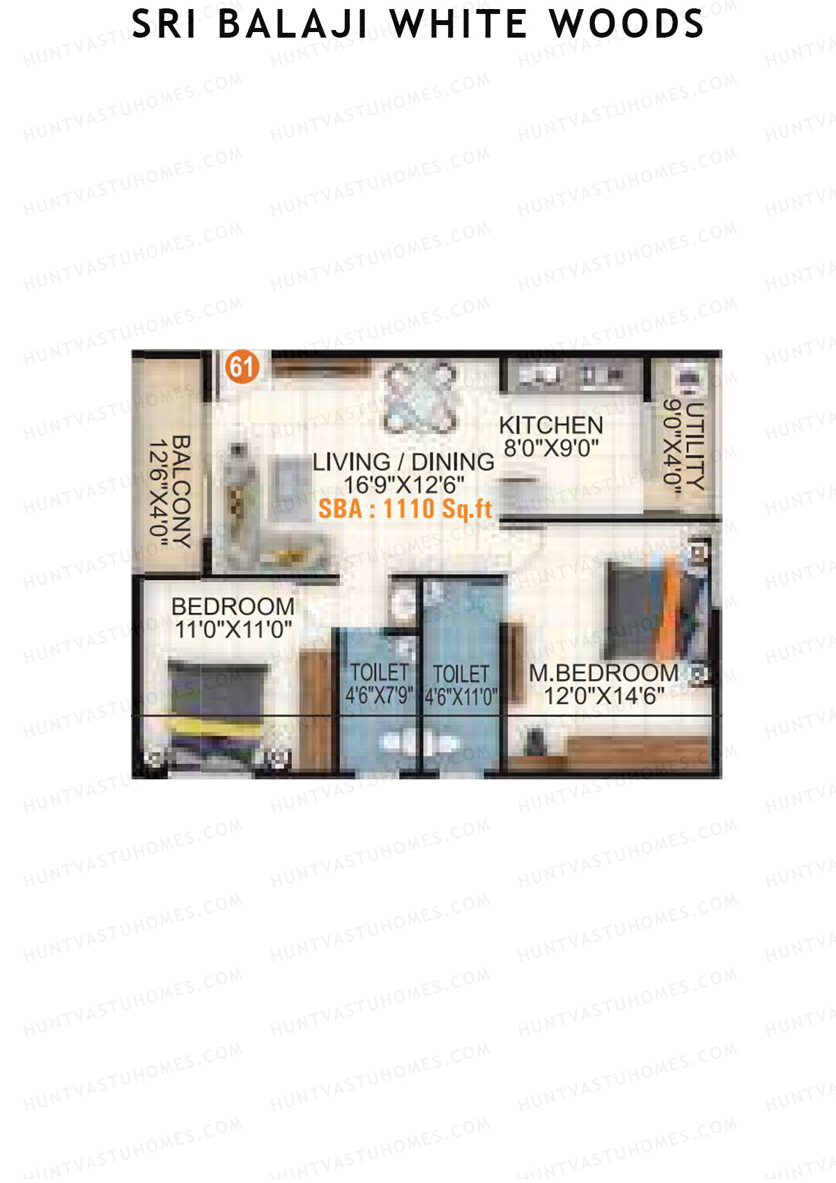 Sri Balaji White Woods, Wing 1, Unit 61, 2BHK, Super Area 1110   sq ft 