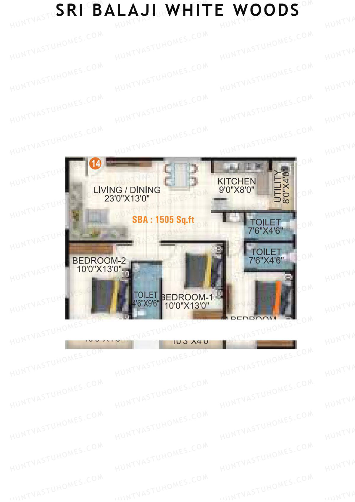 Sri Balaji White Woods, Wing 2, Unit 14, 3BHK, Super Area 1505   sq ft 