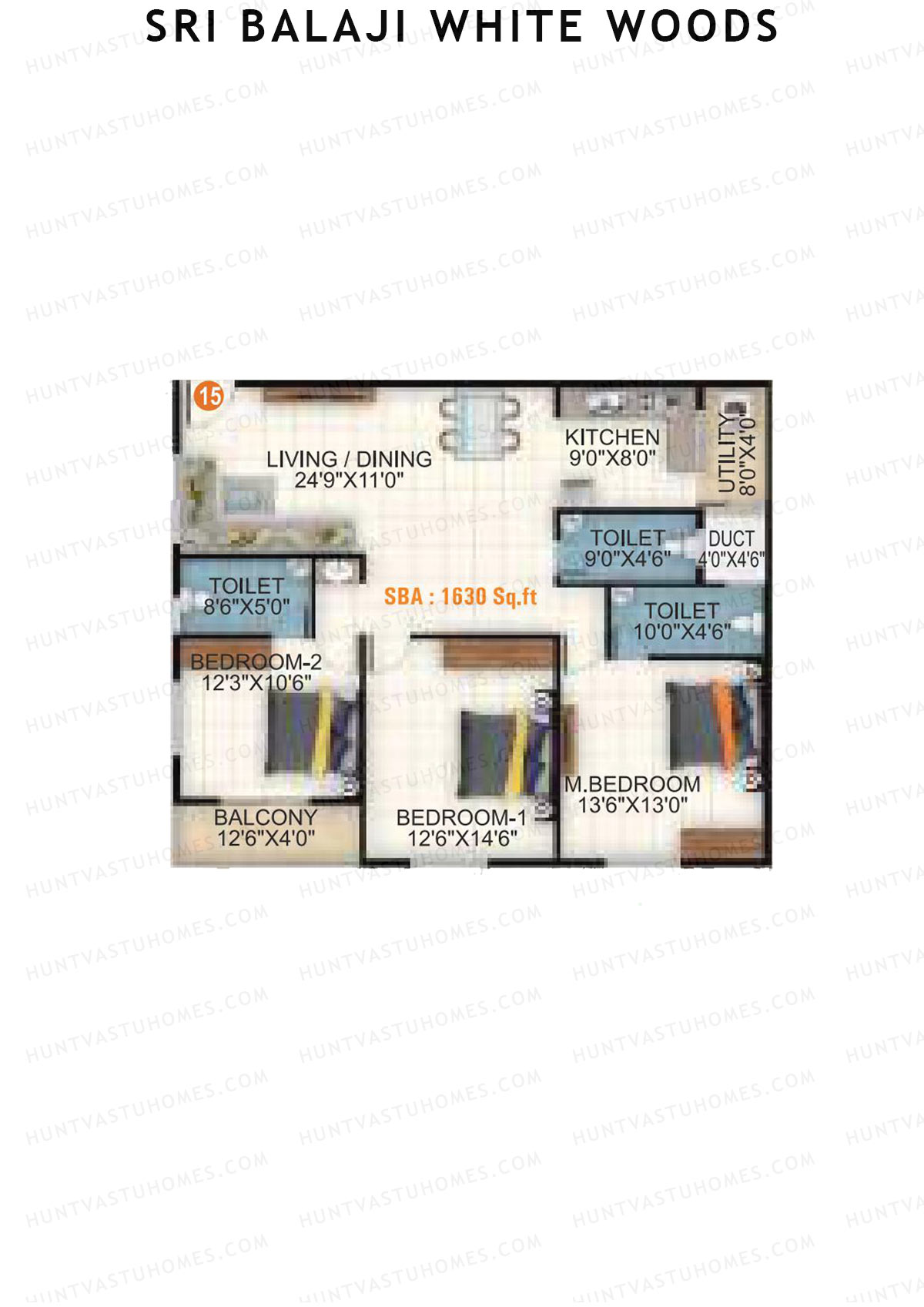 Sri Balaji White Woods, Wing 2, Unit 15, 3BHK, Super Area 1630   sq ft 