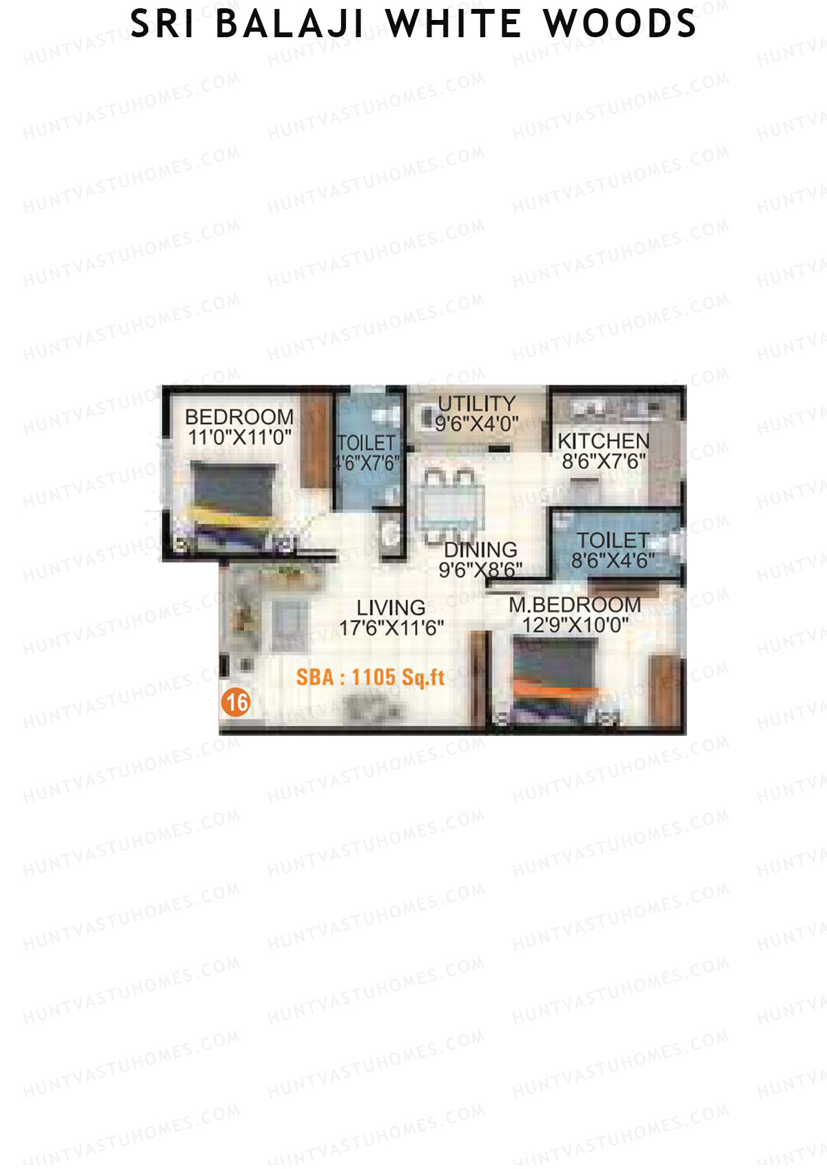 Sri Balaji White Woods, Wing 2, Unit 16, 2BHK, Super Area 1105   sq ft 