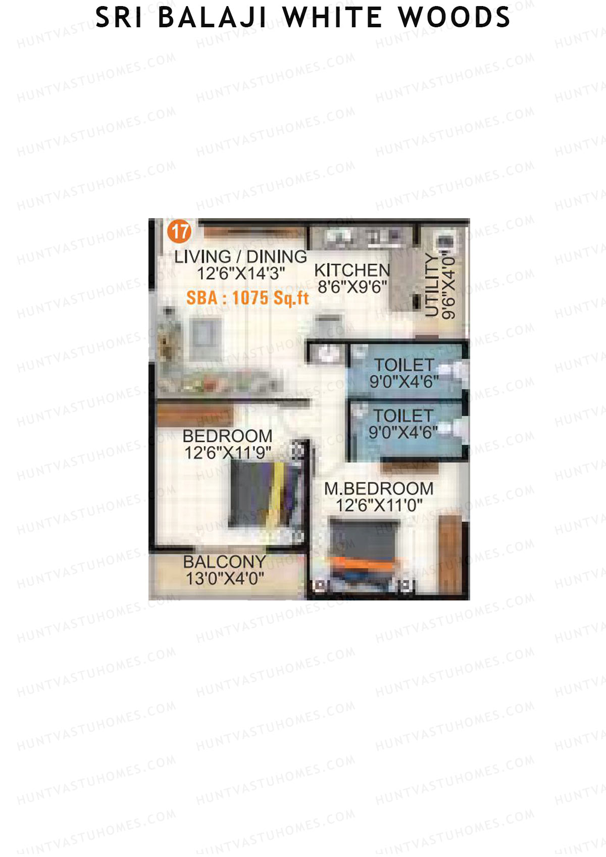 Sri Balaji White Woods, Wing 2, Unit 17, 2BHK, Super Area 1075   sq ft 