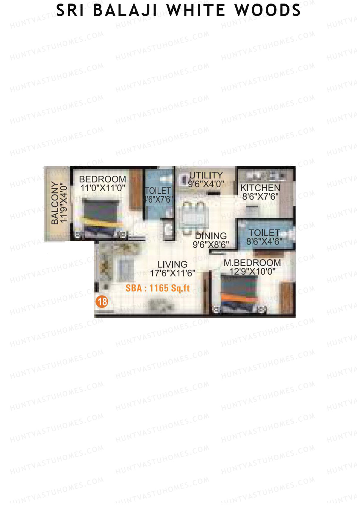 Sri Balaji White Woods, Wing 2, Unit 18, 2BHK, Super Area 1165   sq ft 