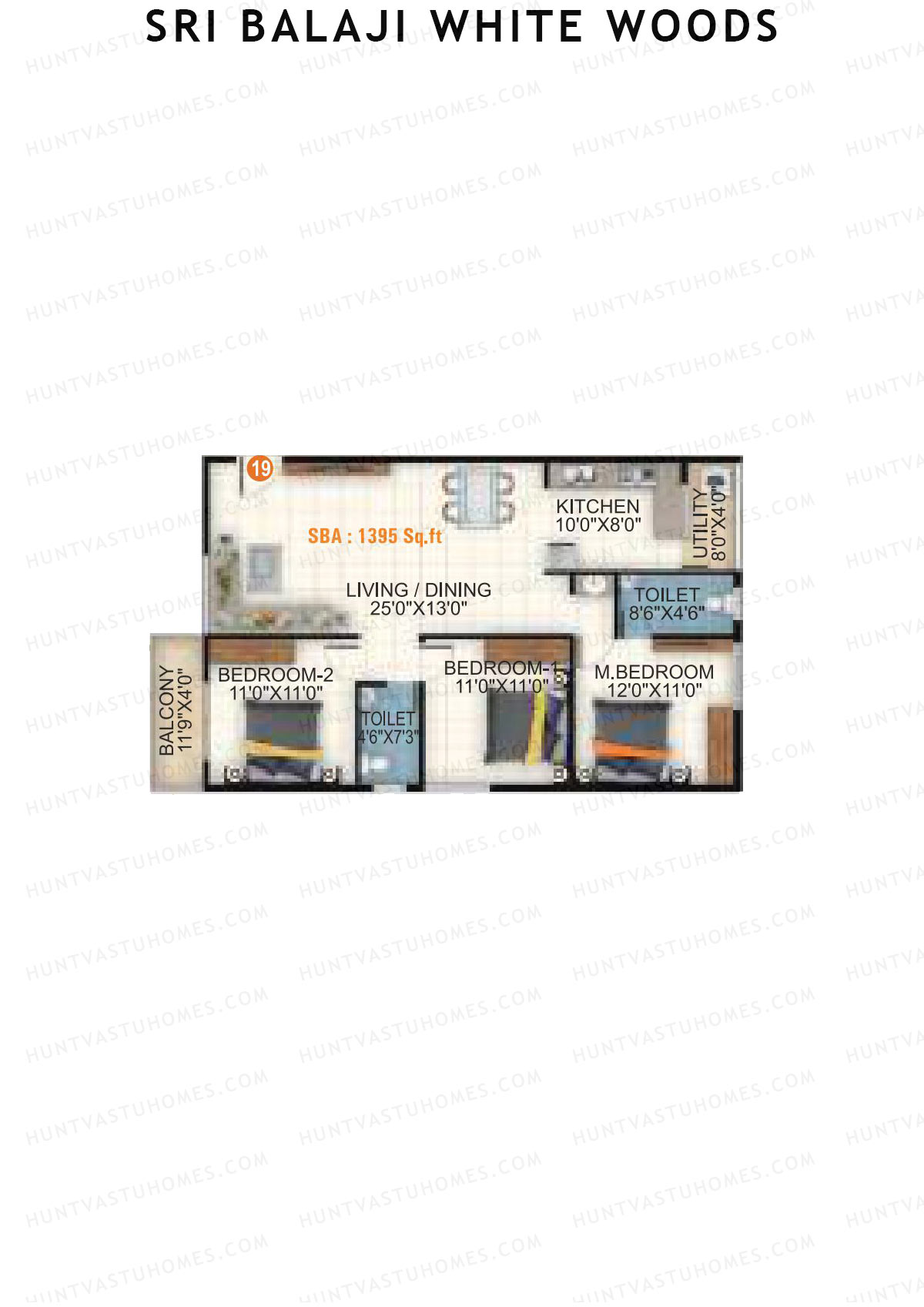 Sri Balaji White Woods, Wing 2, Unit 19, 3BHK, Super Area 1395   sq ft 
