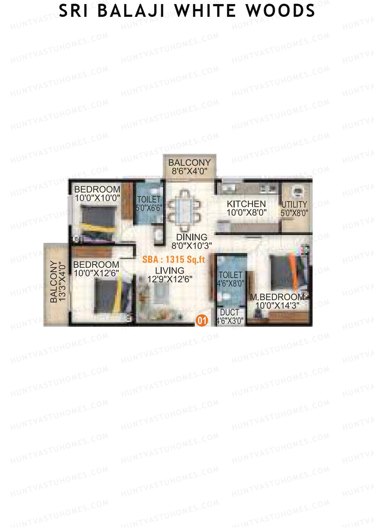Sri Balaji White Woods, Wing 2, Unit 1, 3BHK, Super Area 1315   sq ft 