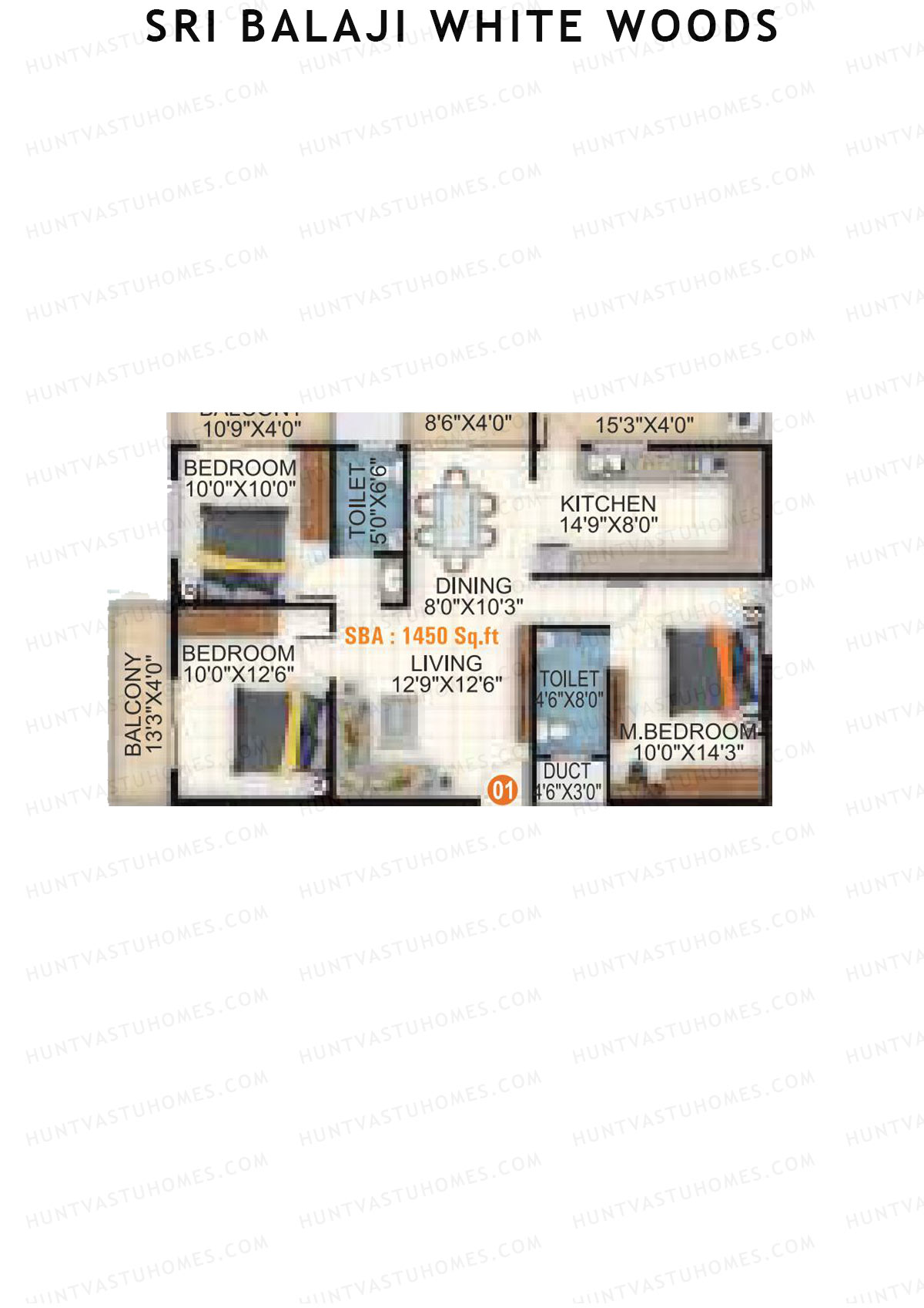 Sri Balaji White Woods, Wing 2, Unit 1, 3BHK, Super Area 1450   sq ft 