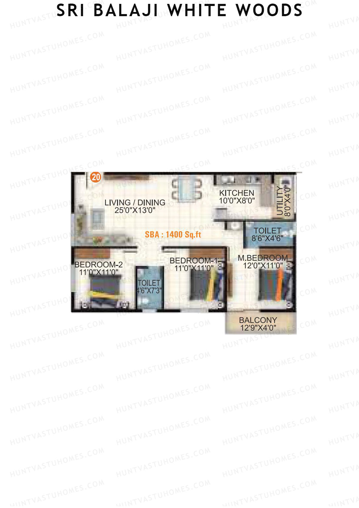 Sri Balaji White Woods, Wing 2, Unit 20, 3BHK, Super Area 1400   sq ft 