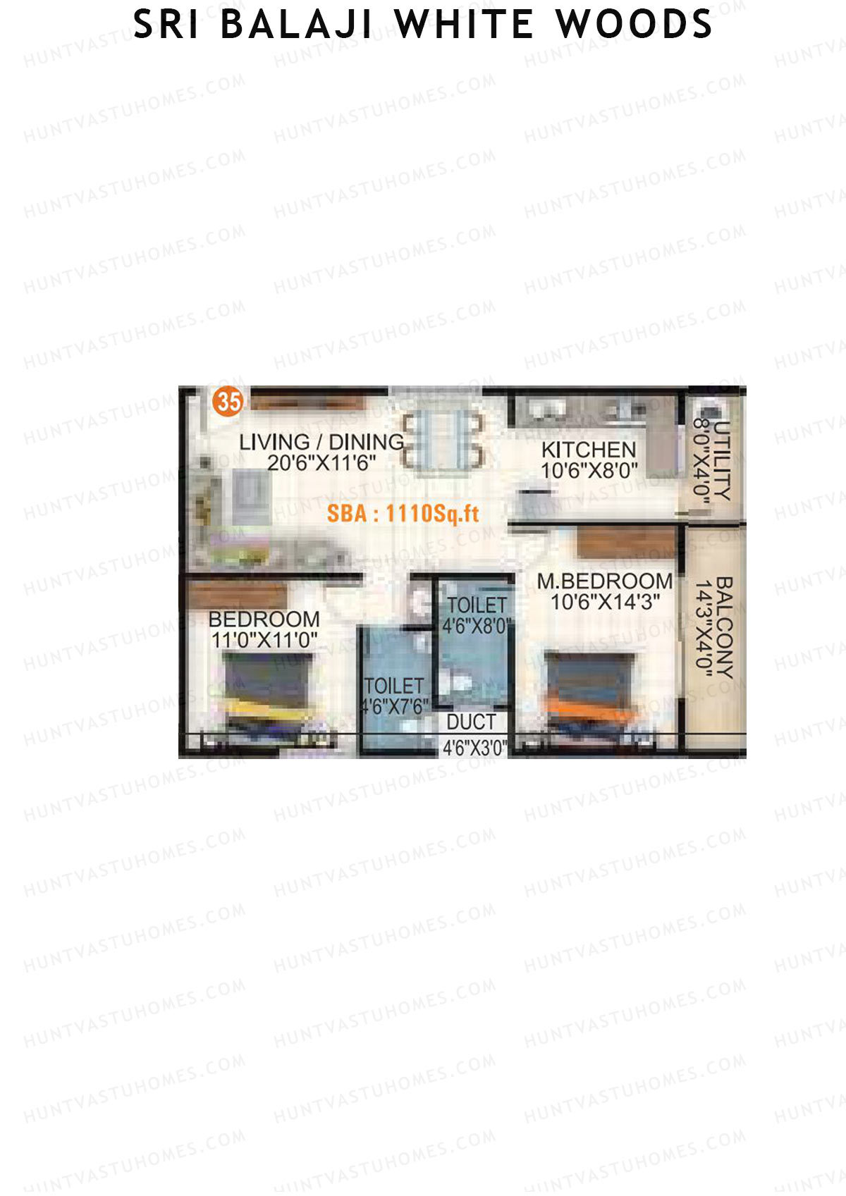 Sri Balaji White Woods, Wing 2, Unit 22, 2BHK, Super Area 1110   sq ft 