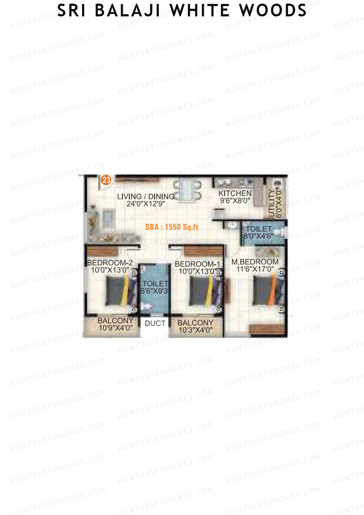 Sri Balaji White Woods, Wing 2, Unit 23, 3BHK, Super Area 1550   sq ft 