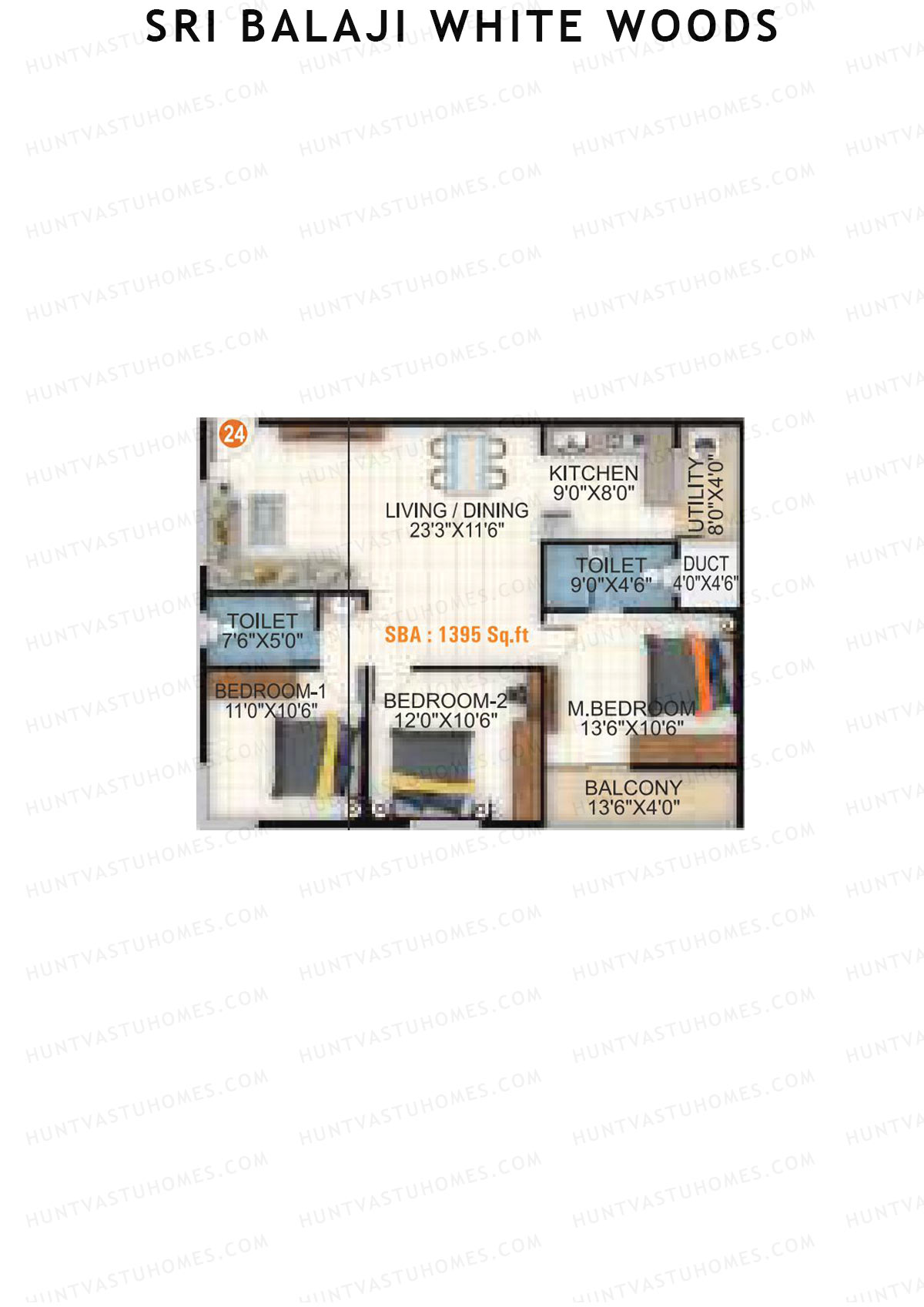 Sri Balaji White Woods, Wing 2, Unit 24, 3BHK, Super Area 1395   sq ft 